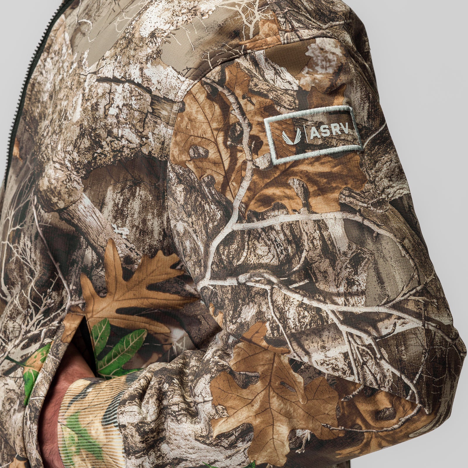 Ripstop Insulated Bomber Jacket in Realtree Camo, worn on model showing camouflage pattern