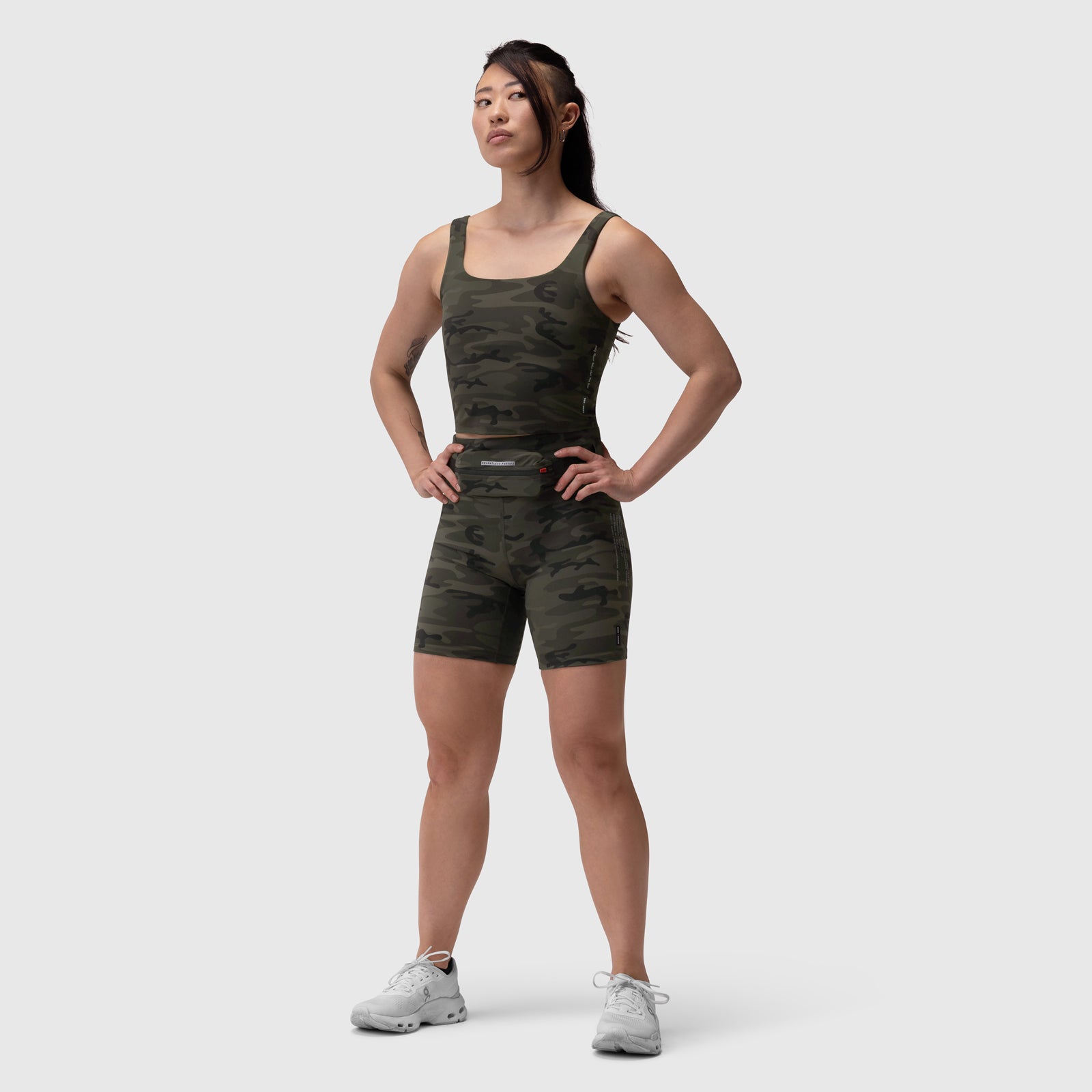 W029 Lycra 3-in-1 Biker Short in Dark Camo, worn by model in standing pose