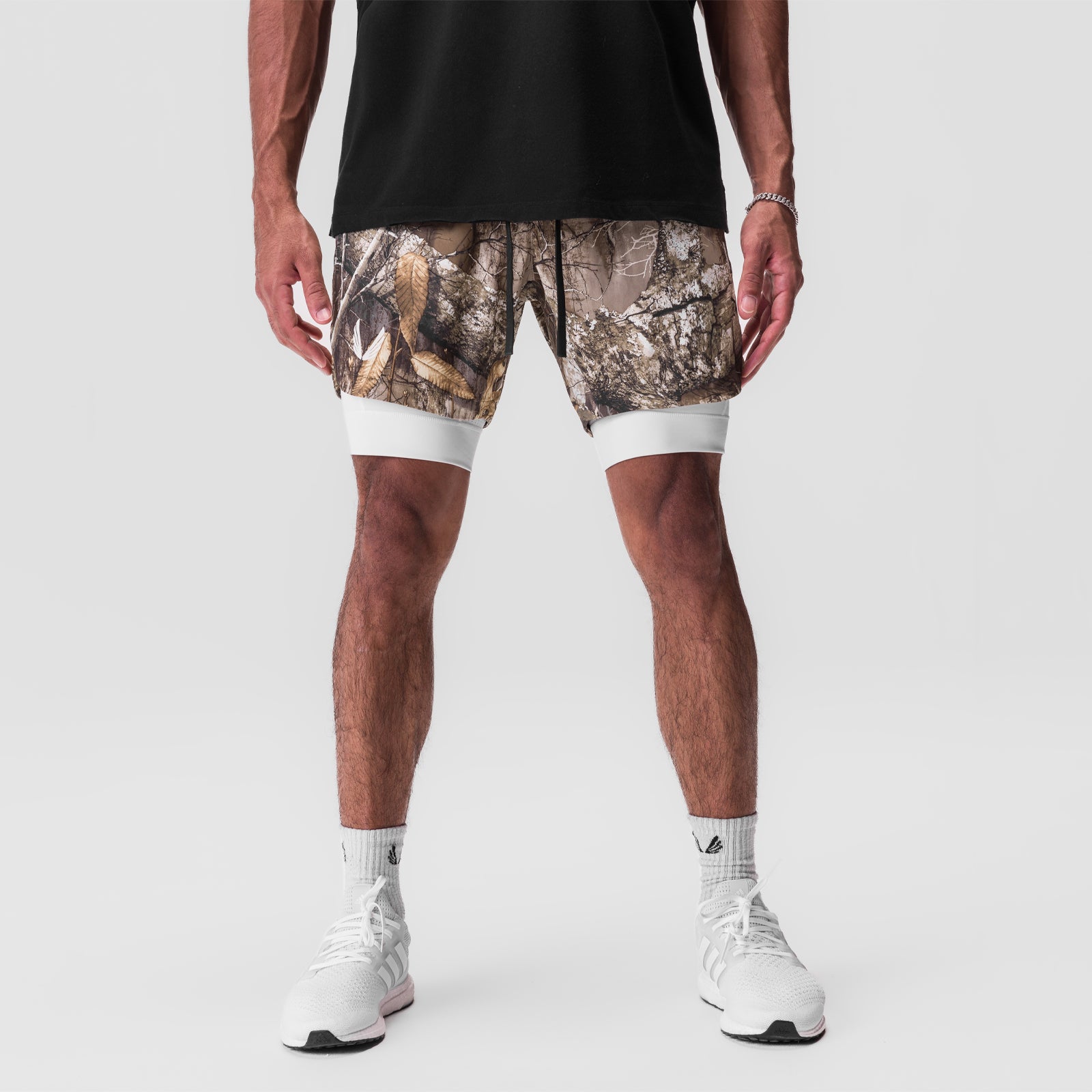 Tetra-Lite 7" Liner Short in Realtree Camo with white accents, worn by model with white socks and sneakers