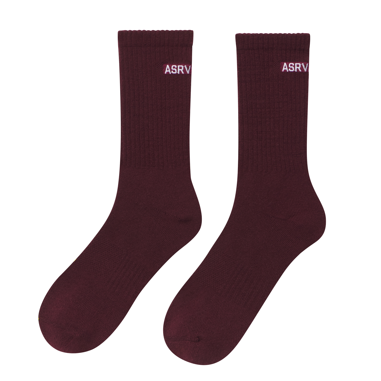 Flatlay of Essential Crew Socks in crimson with ASRV branding, front view