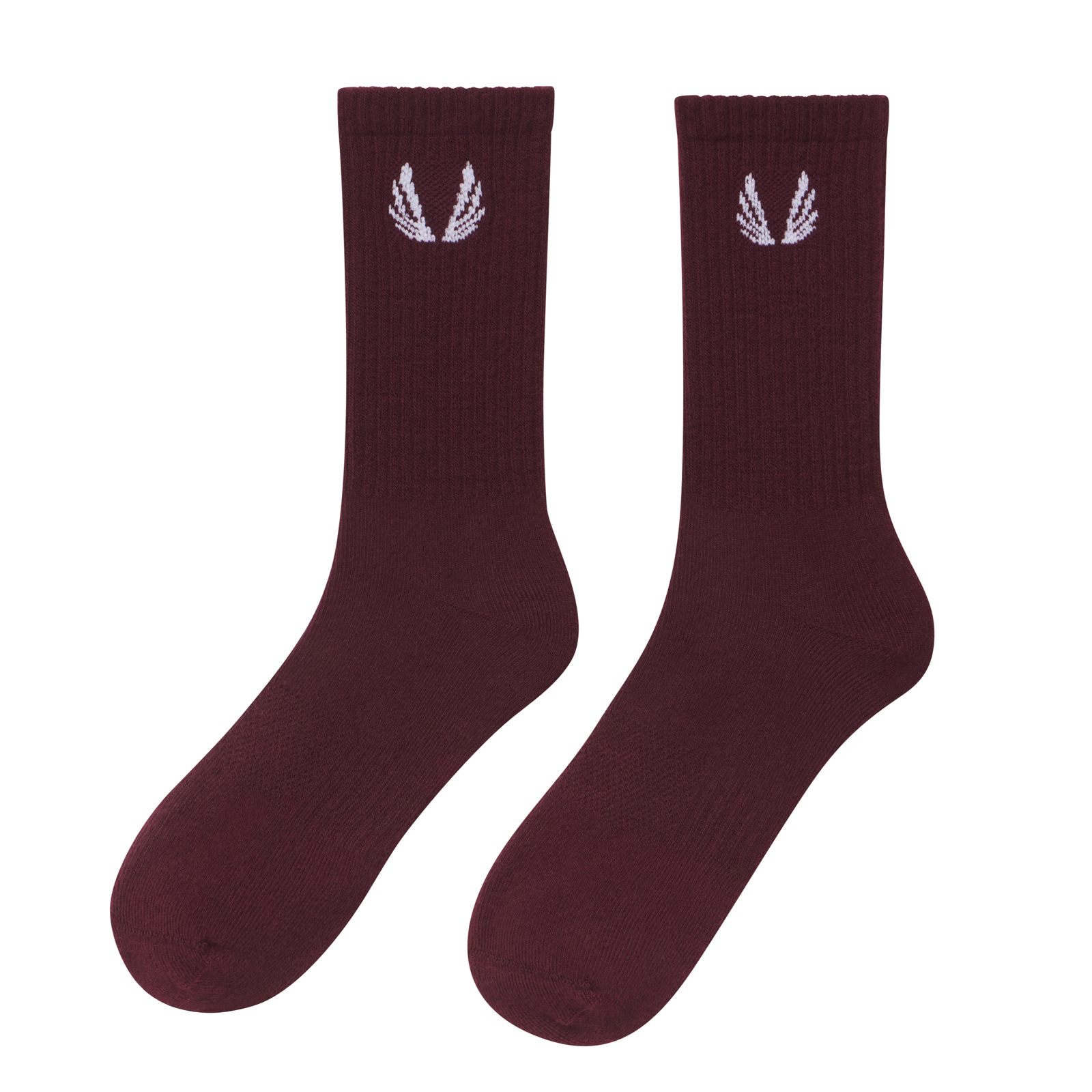 Flatlay of Essential Crew Socks in crimson with white wing logo, front view
