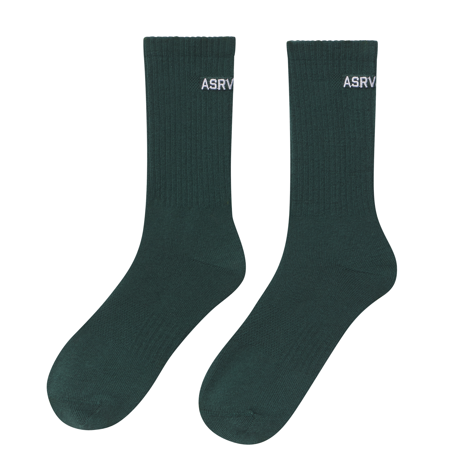 Flatlay of ASRV Essential Crew Socks in forest green, front view