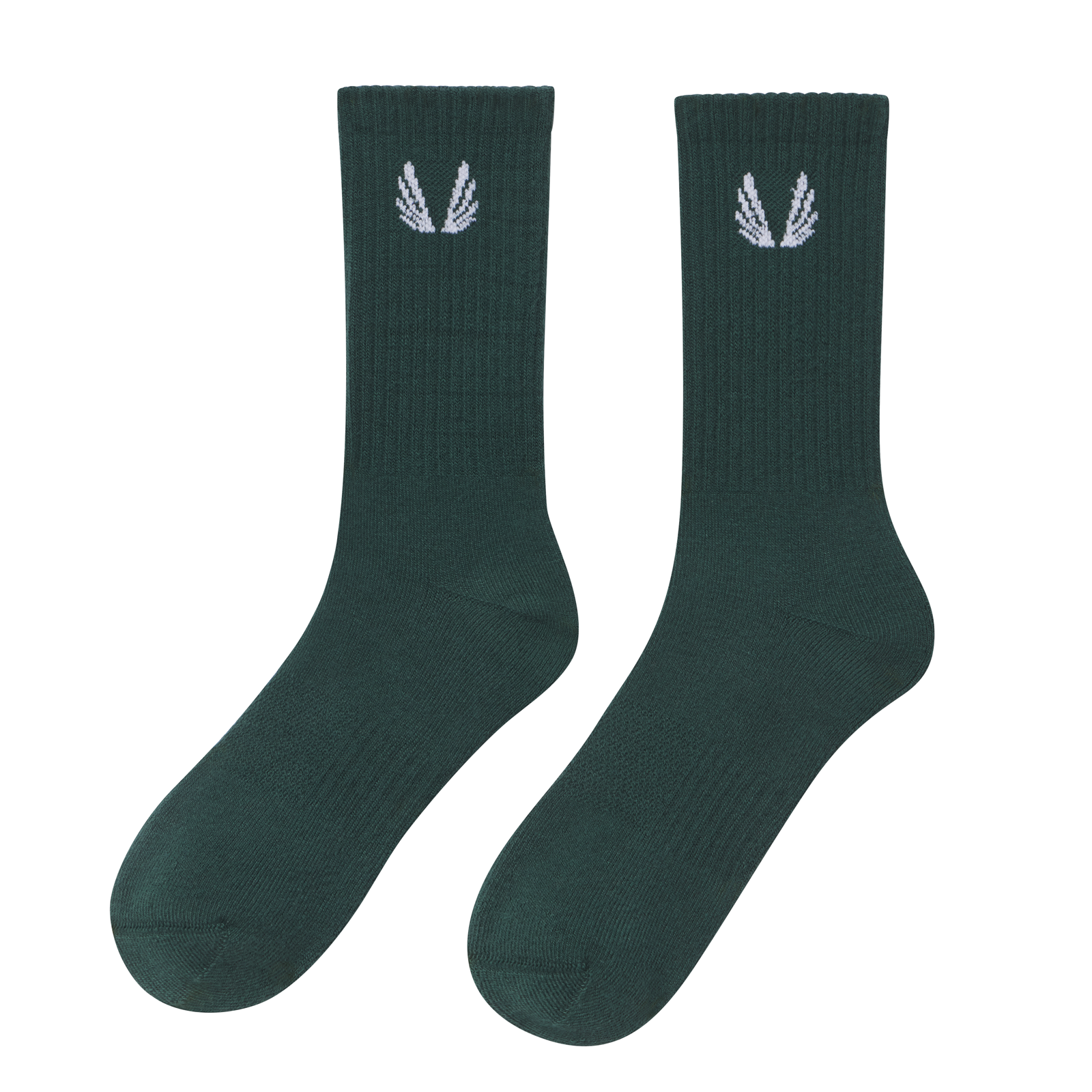 Flatlay of Essential Crew Socks in forest green with white logo, front view