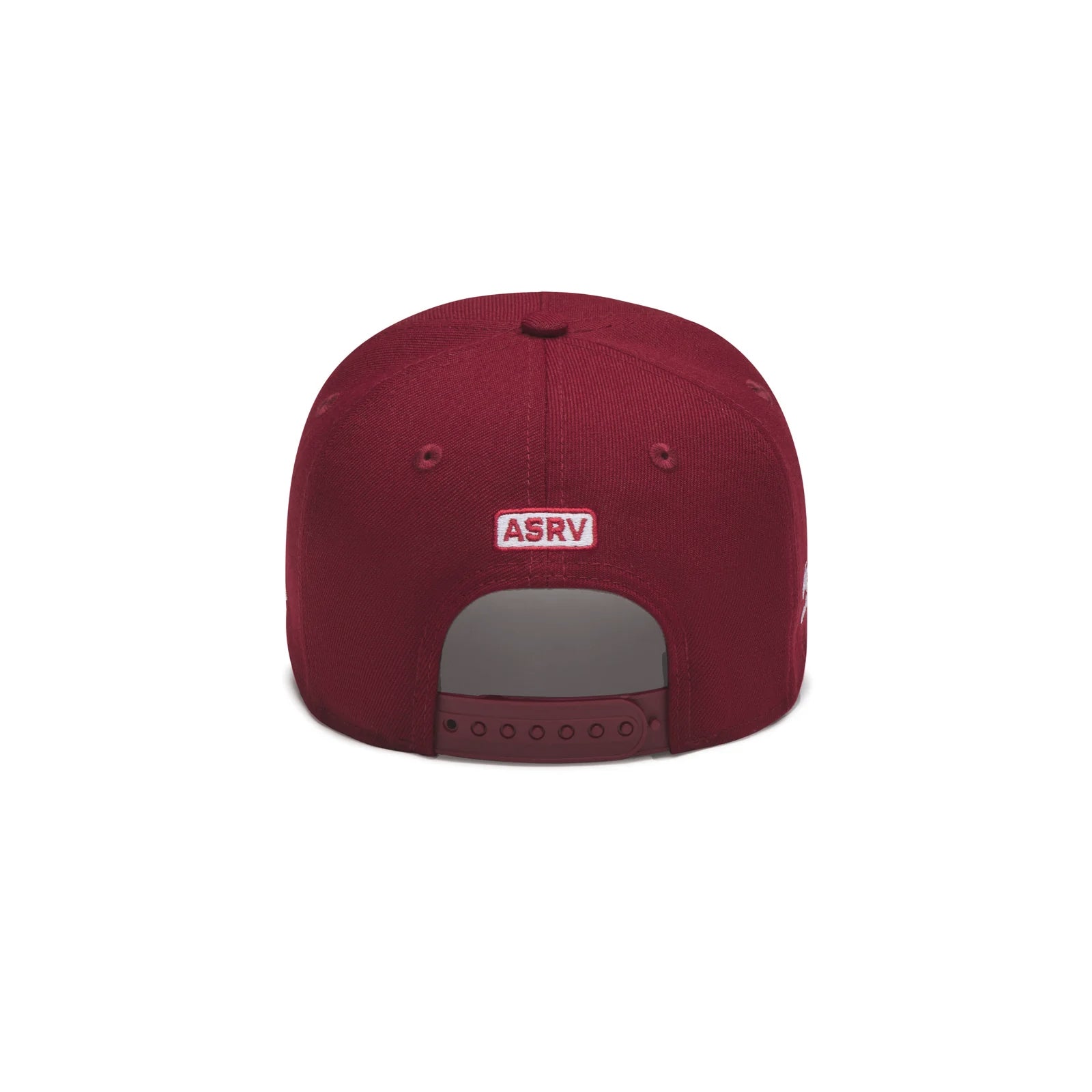 flatlay New Era 9Forty A-Frame Hat in crimson with white ASRV logo, back view