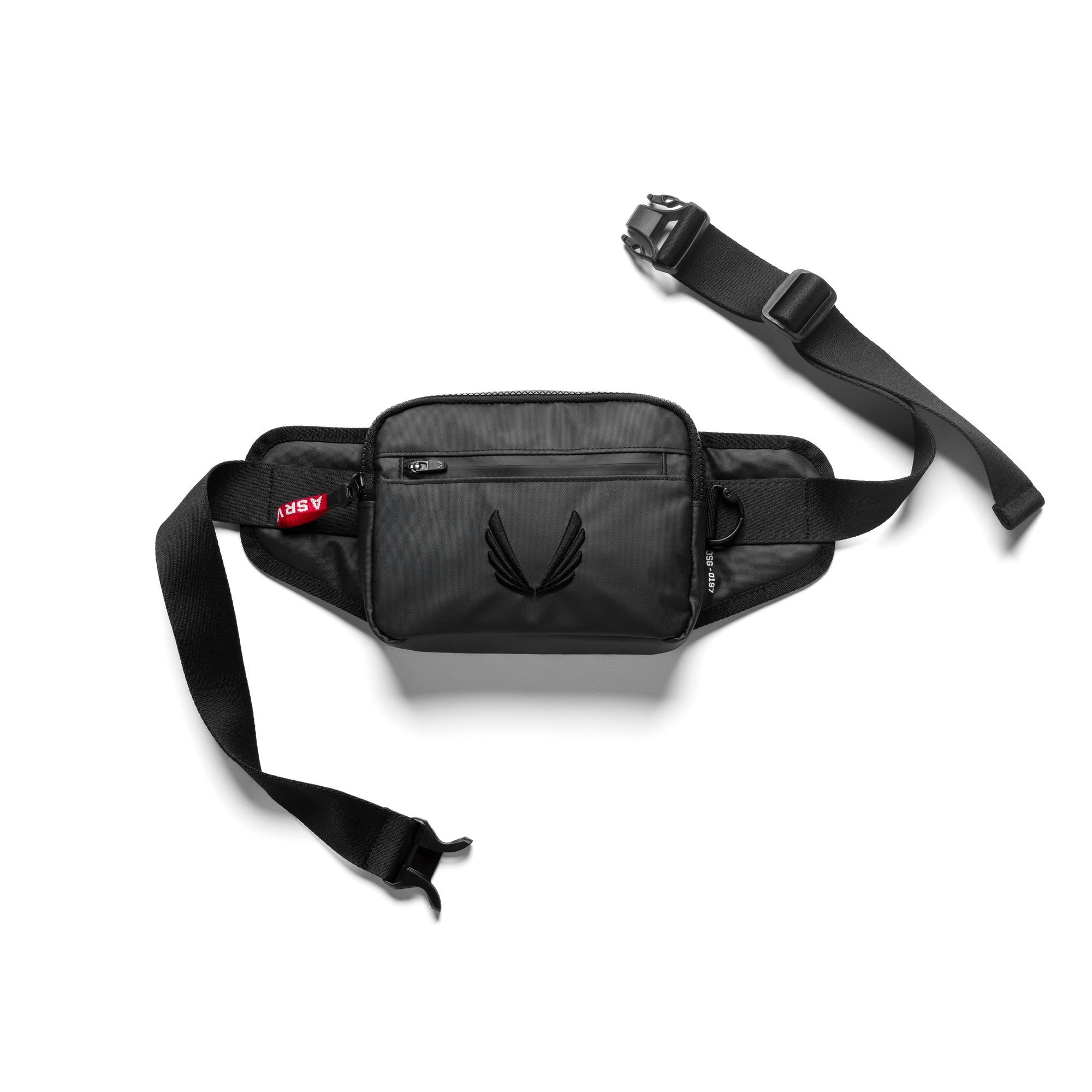 Flatlay Water Resistant Small Crossbody Bag in black, front view with strap