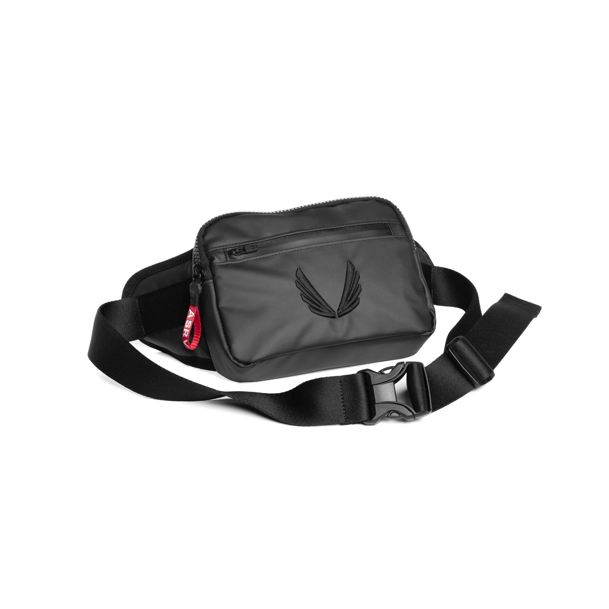Flatlay water resistant small crossbody bag in black, front view