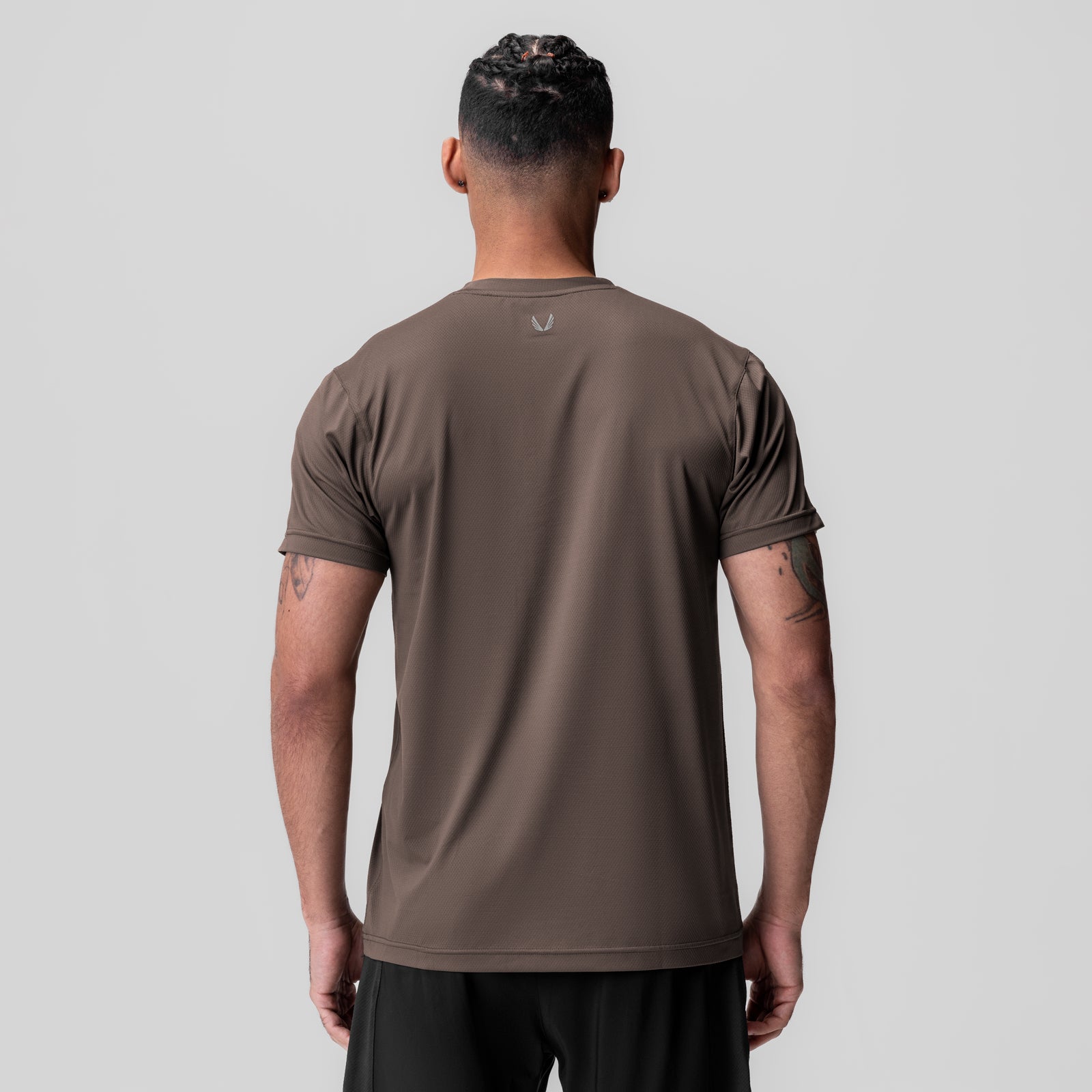 AeroSilver Essential Tee in Deep Taupe, back view on model