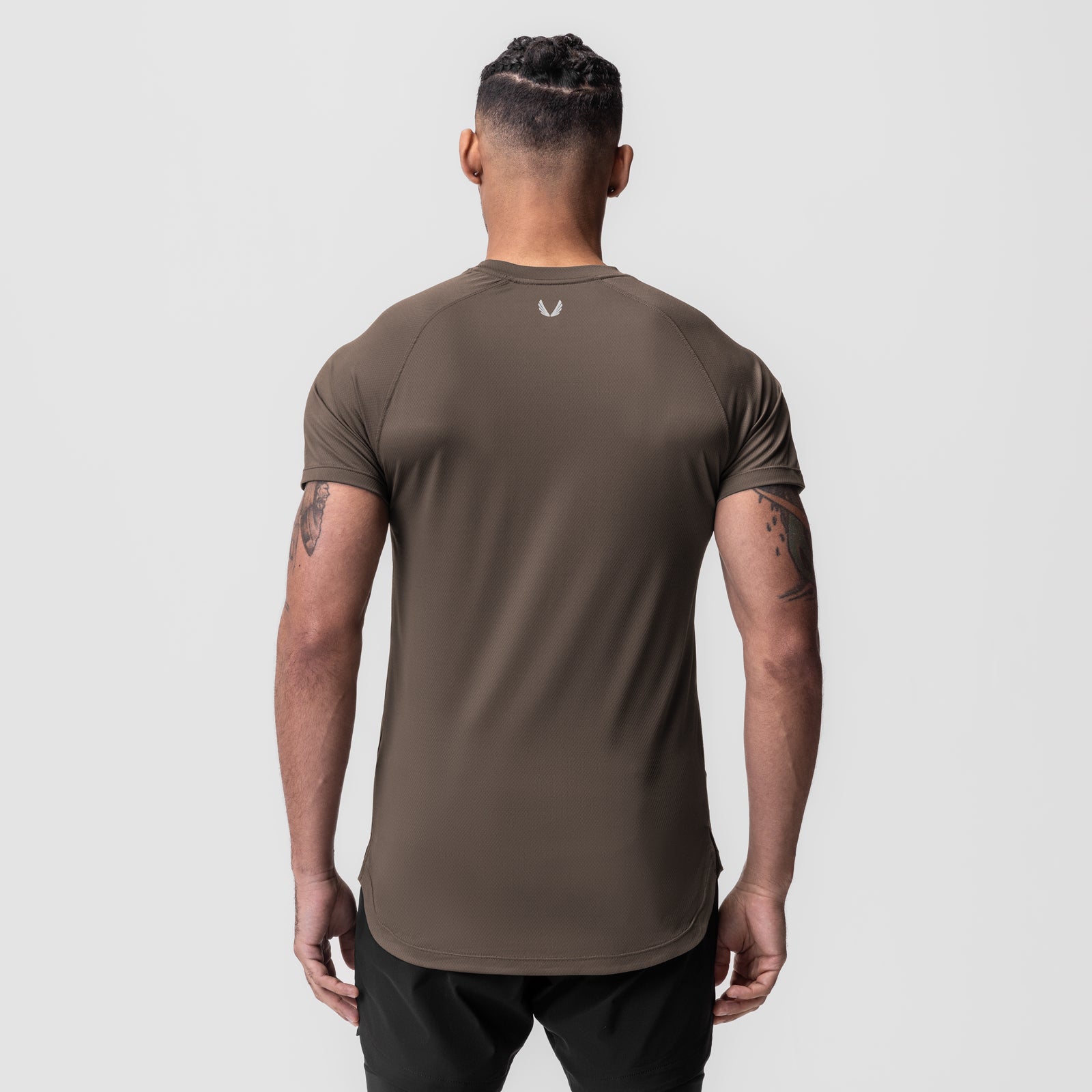 AeroSilver® Established Tee in Deep Taupe, back view on model