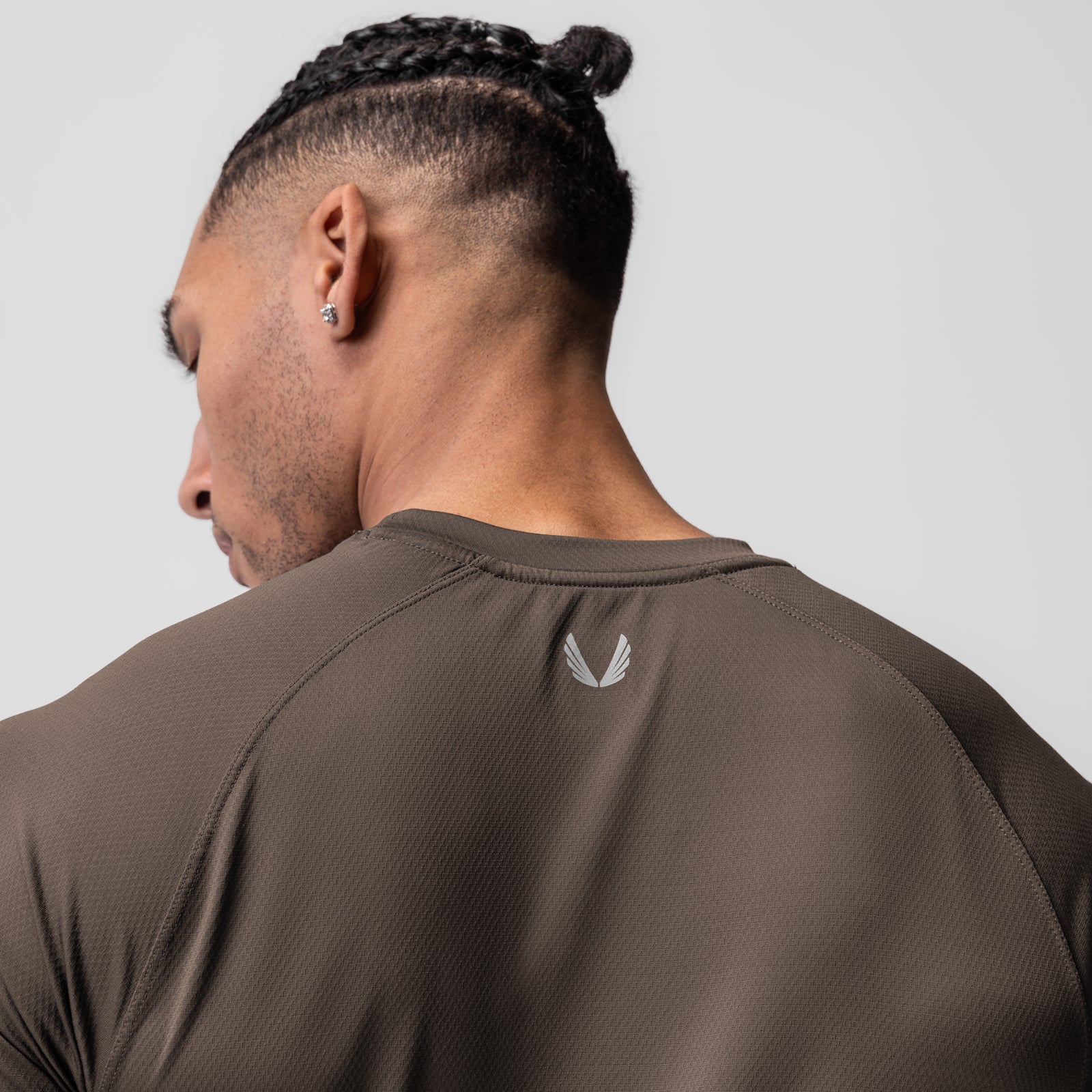 AeroSilver® Established Tee in Deep Taupe, rear view on model