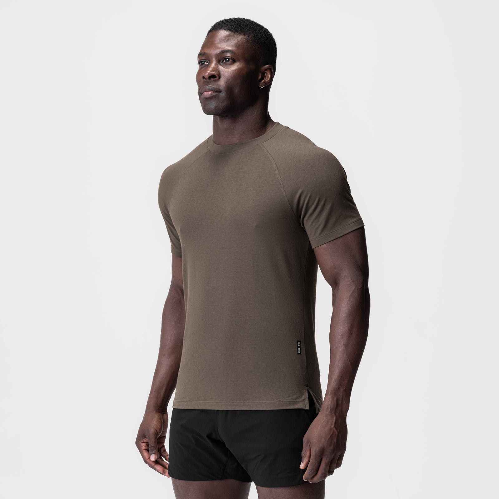 Supima® Fitted Tee in deep taupe worn by model, front three-quarter view