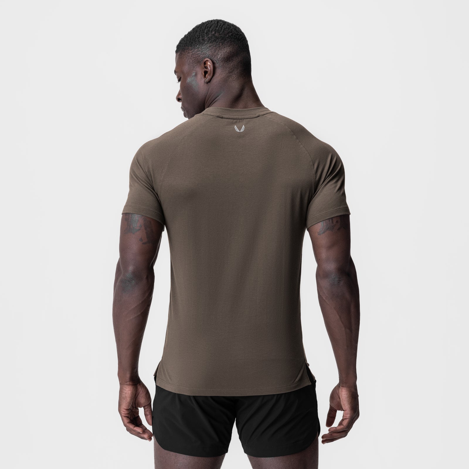 Supima® Fitted Tee in Deep Taupe, back view on model