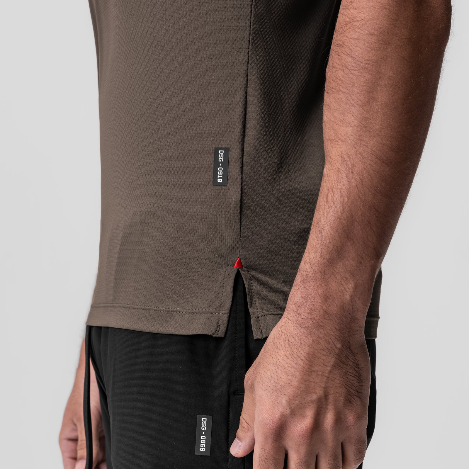 AeroSilver Fitted Tee in Deep Taupe worn by model, side detail view