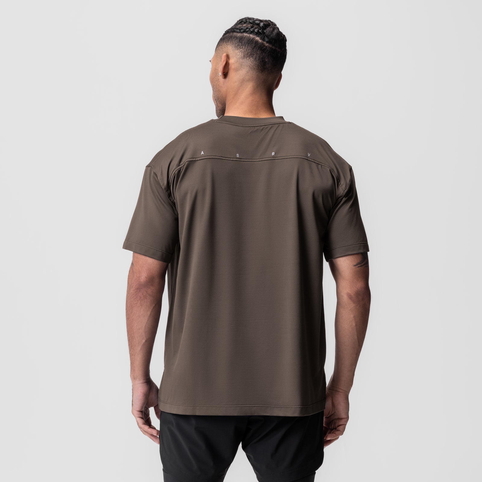 AeroSilver Oversized Tee in deep taupe, back view on model