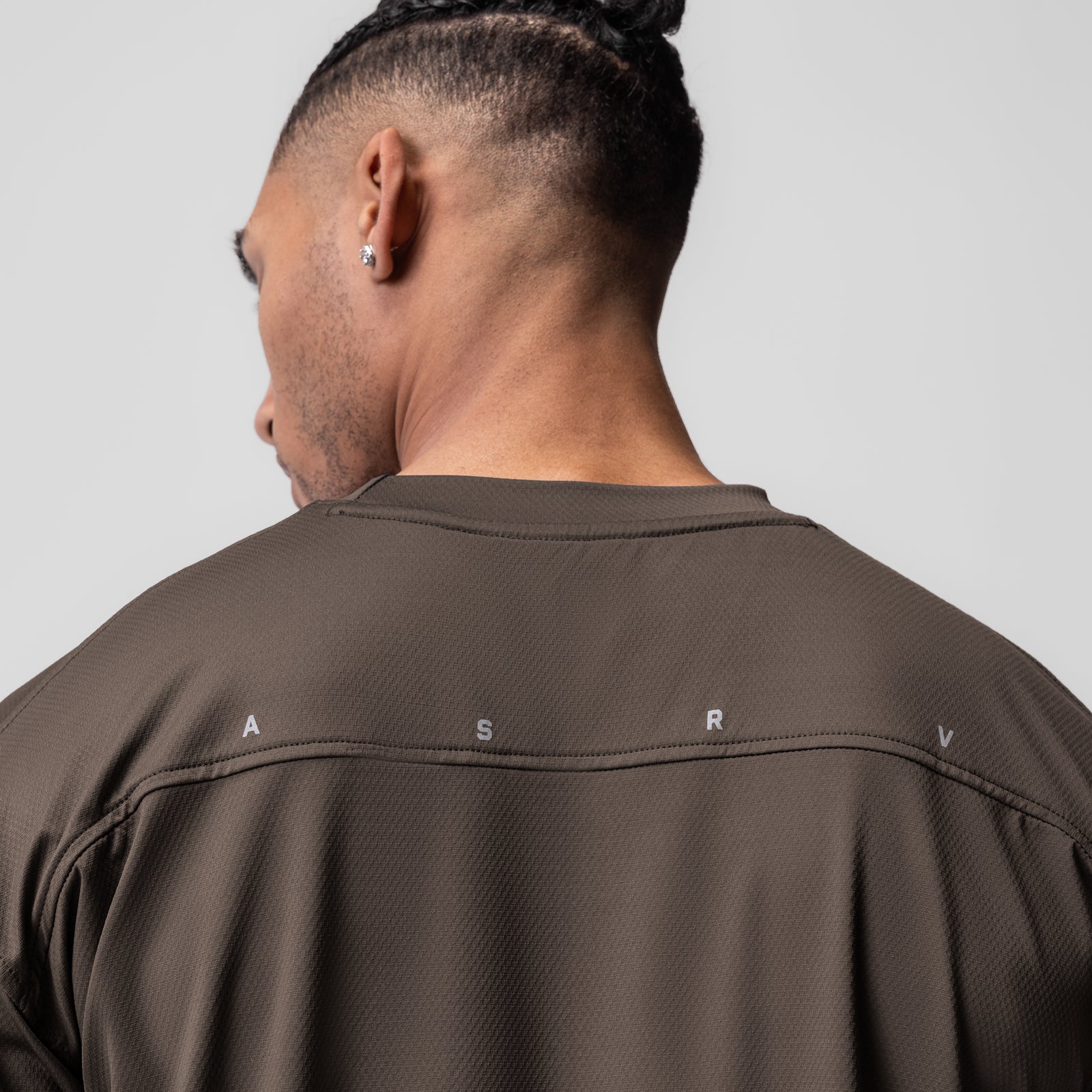 AeroSilver Oversized Tee in Deep Taupe, back view on model