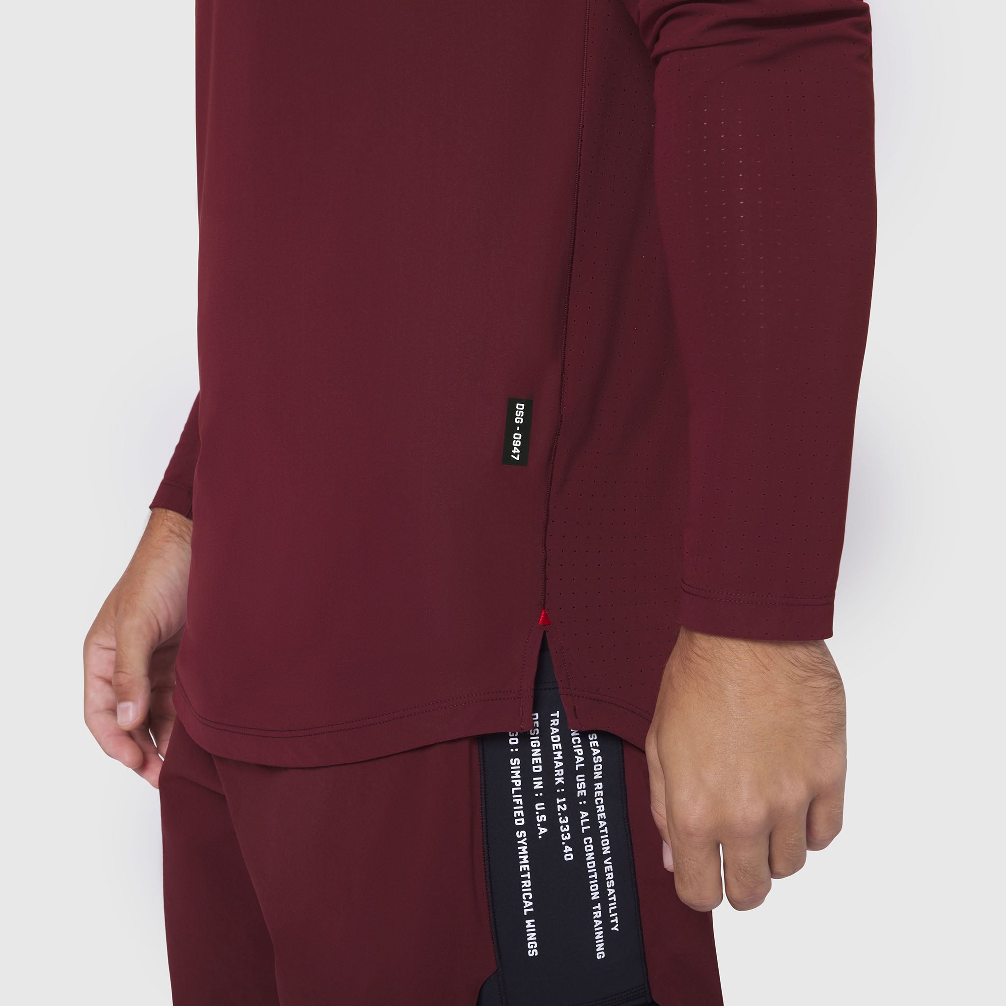 Laser-Vent™ Established Long Sleeve in Crimson worn by model, side detail view