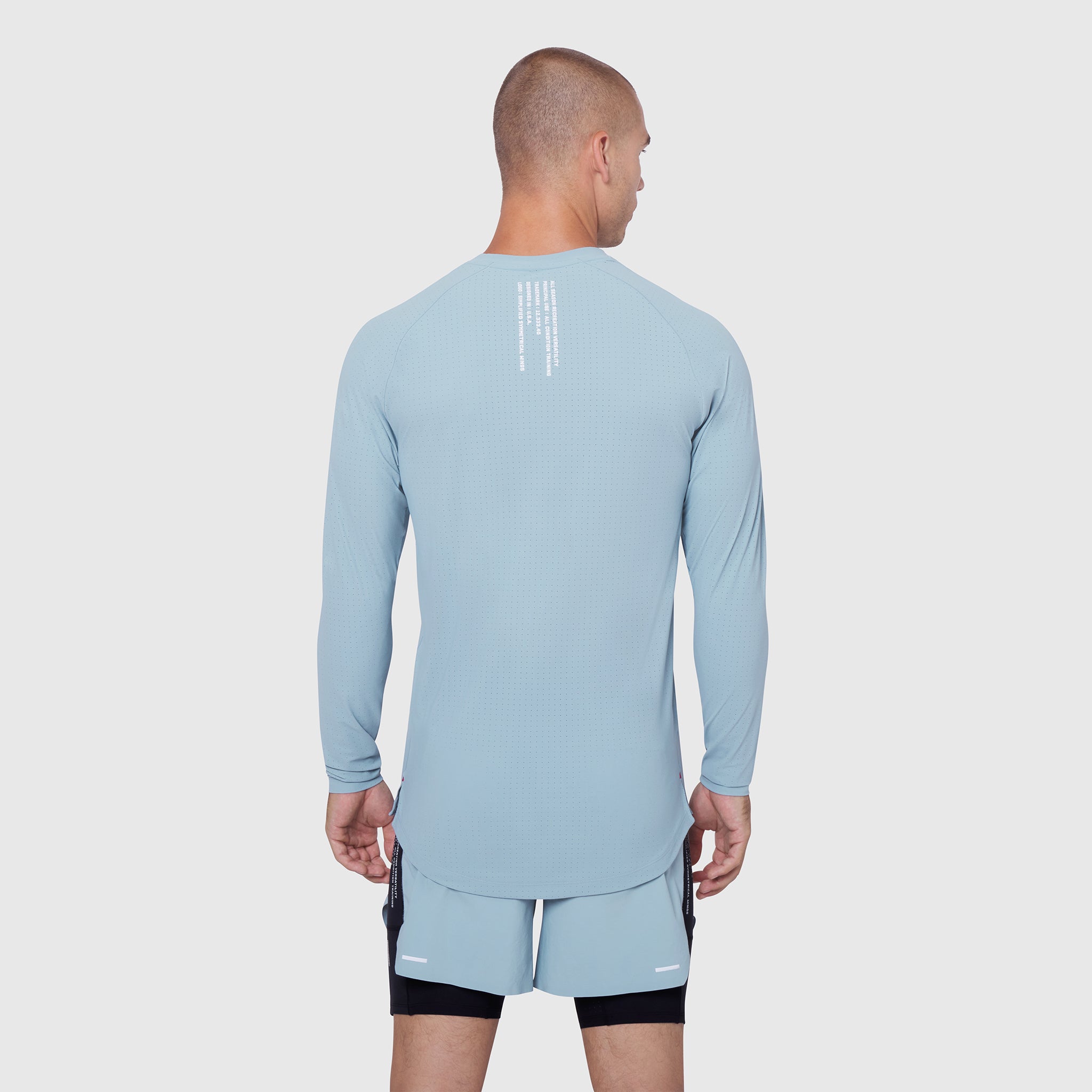 Laser-Vent Established Long Sleeve in Light Sky, back view on male model