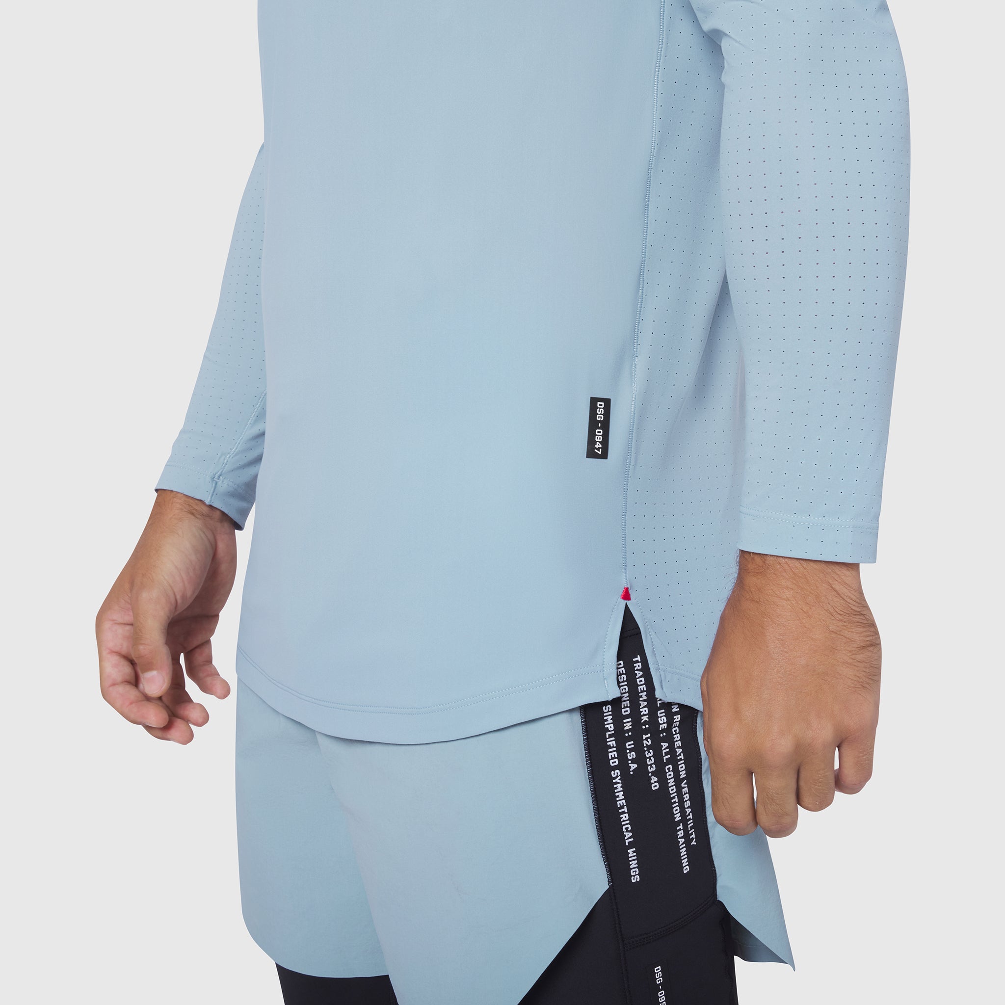 Laser-Vent Established Long Sleeve in light sky worn by model, side view