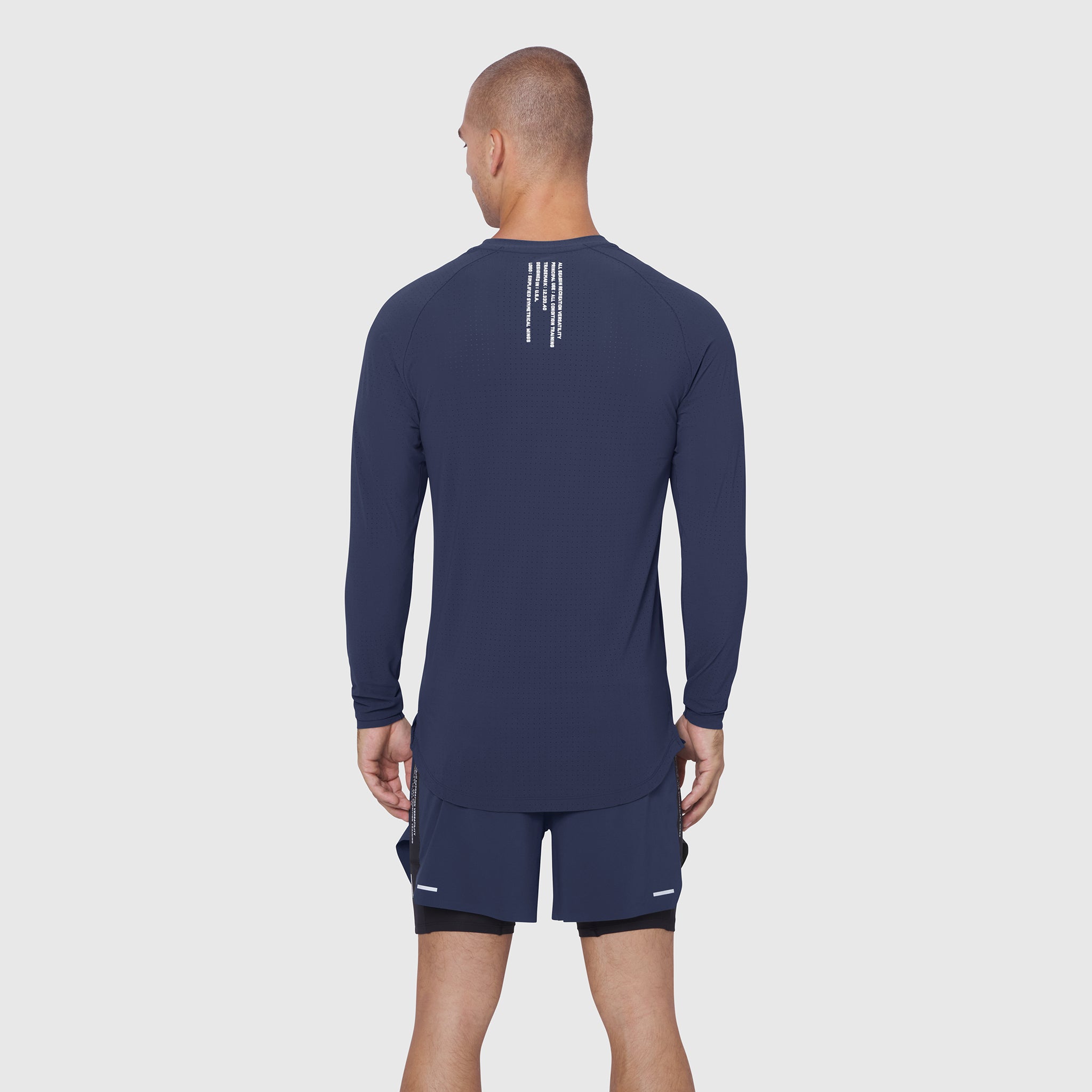 Laser-Vent™ Established Long Sleeve in navy, rear view on male model