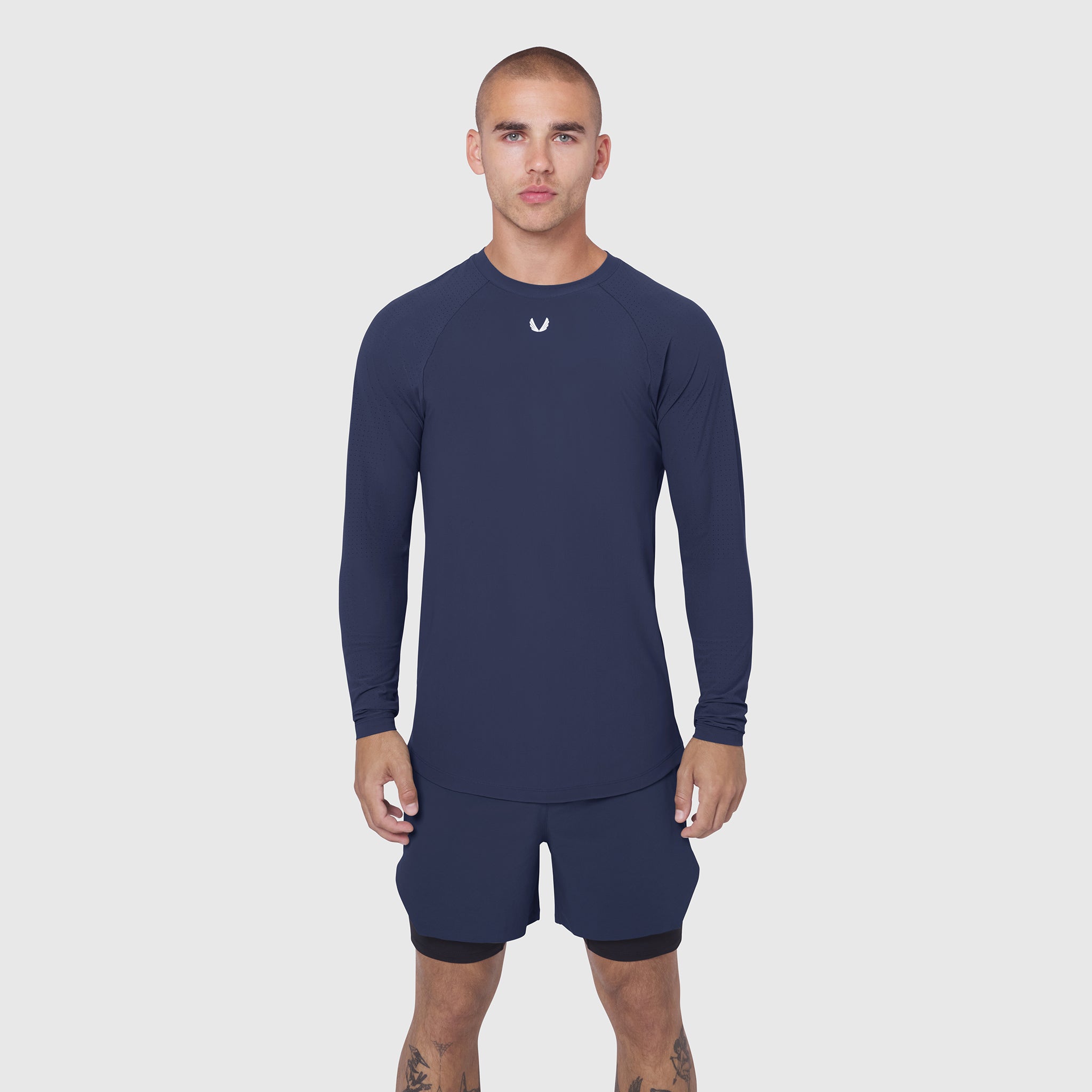 Laser-Vent™ Established Long Sleeve in navy worn by male model, front view