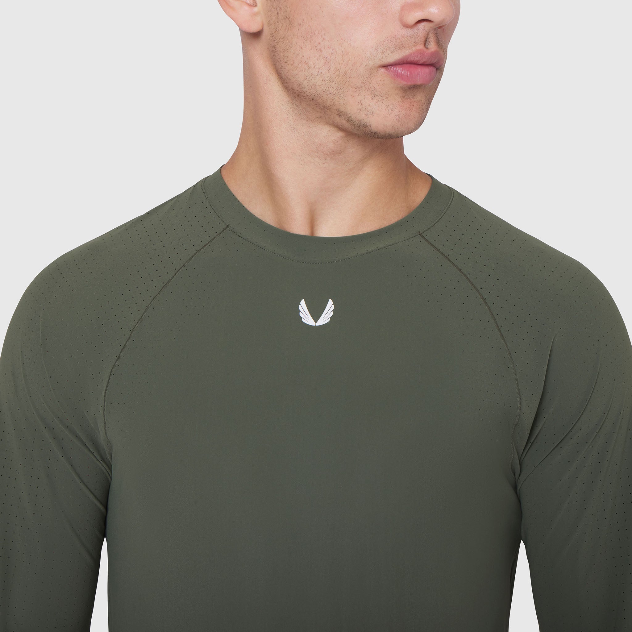 Laser-Vent Established Long Sleeve in olive worn by male model, front view
