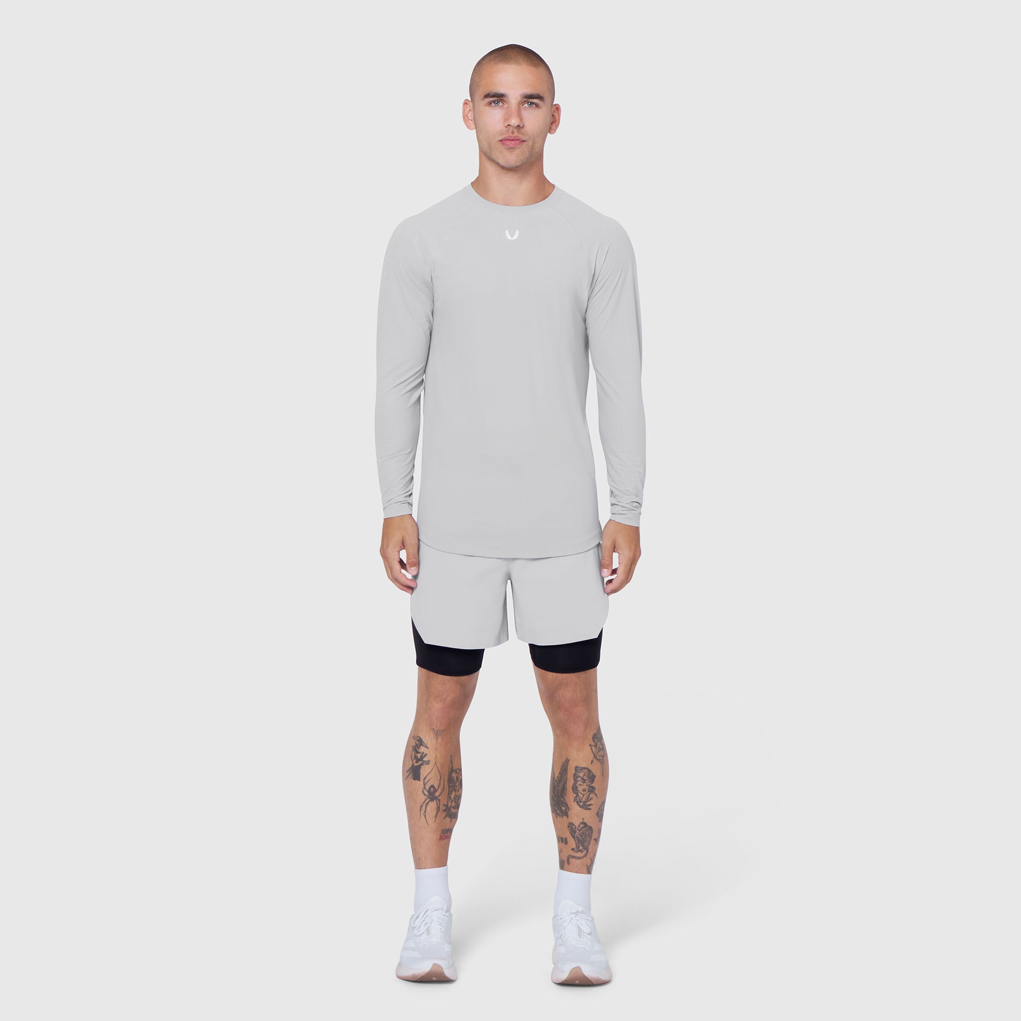 Laser-Vent™ Established Long Sleeve in Slate Grey, modeled front view with matching shorts