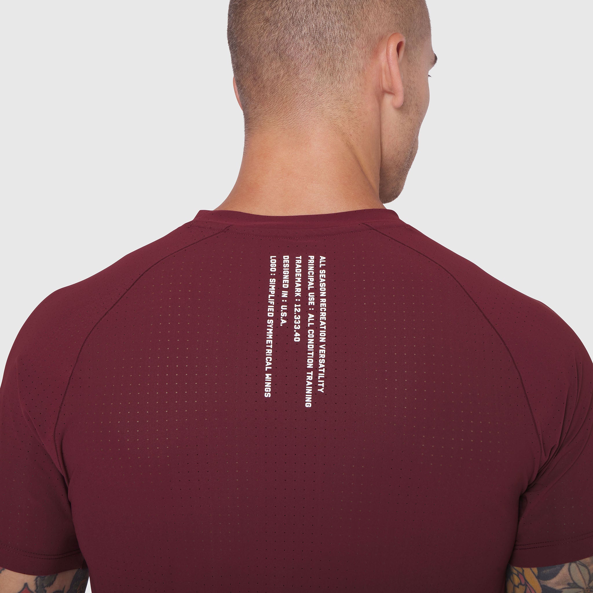 Laser-Vent Established Tee in crimson worn by male model, back view