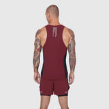 Laser-Vent Singlet Tank in crimson and black worn by male model, back view