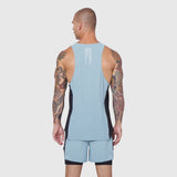 Laser-Vent Singlet Tank in light sky and black, rear view on male model