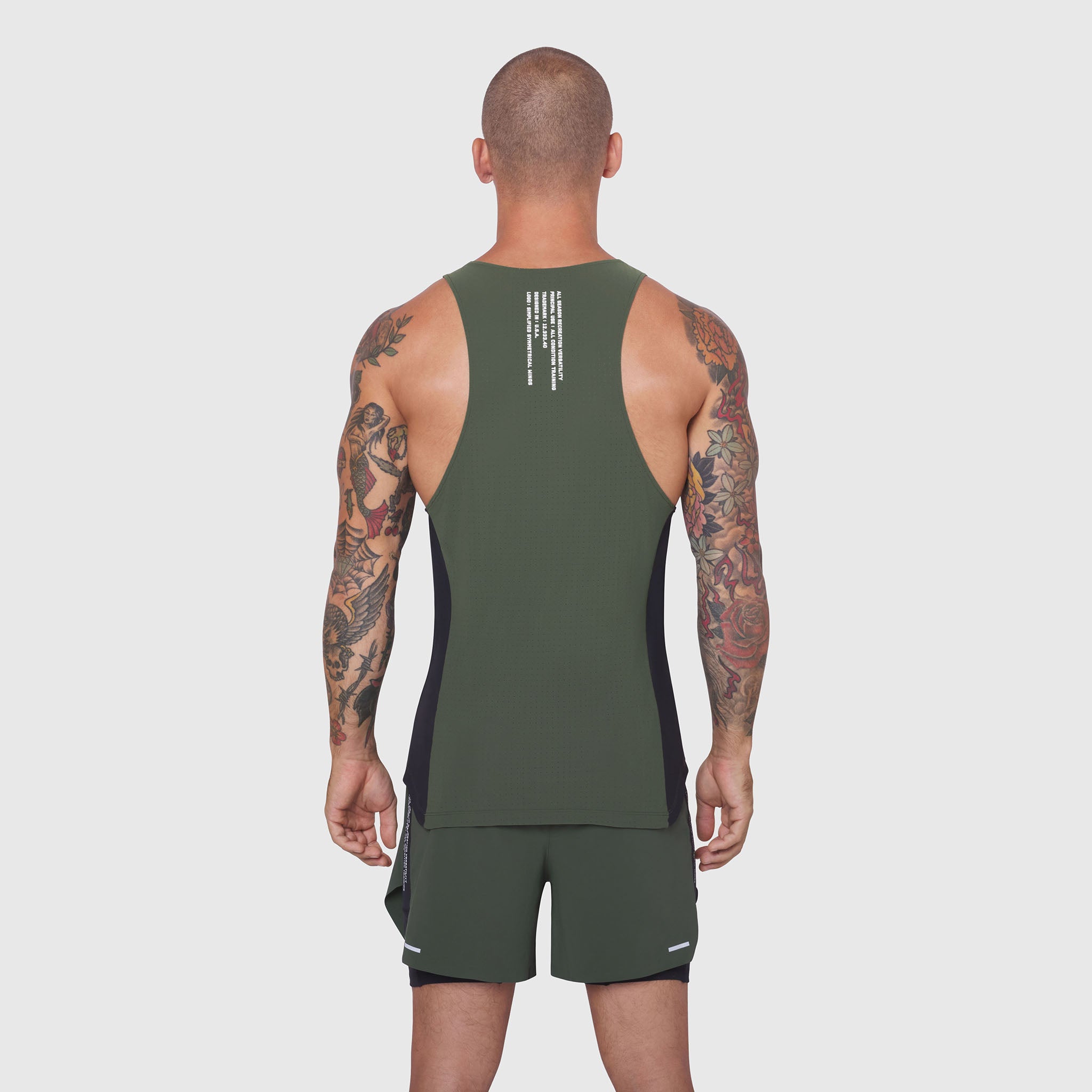 Laser-Vent™ Singlet Tank in Olive/Black, back view on male model