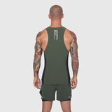 Laser-Vent™ Singlet Tank in Olive/Black, back view on male model