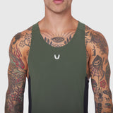 Laser-Vent™ Singlet Tank in olive/black worn by male model, front view
