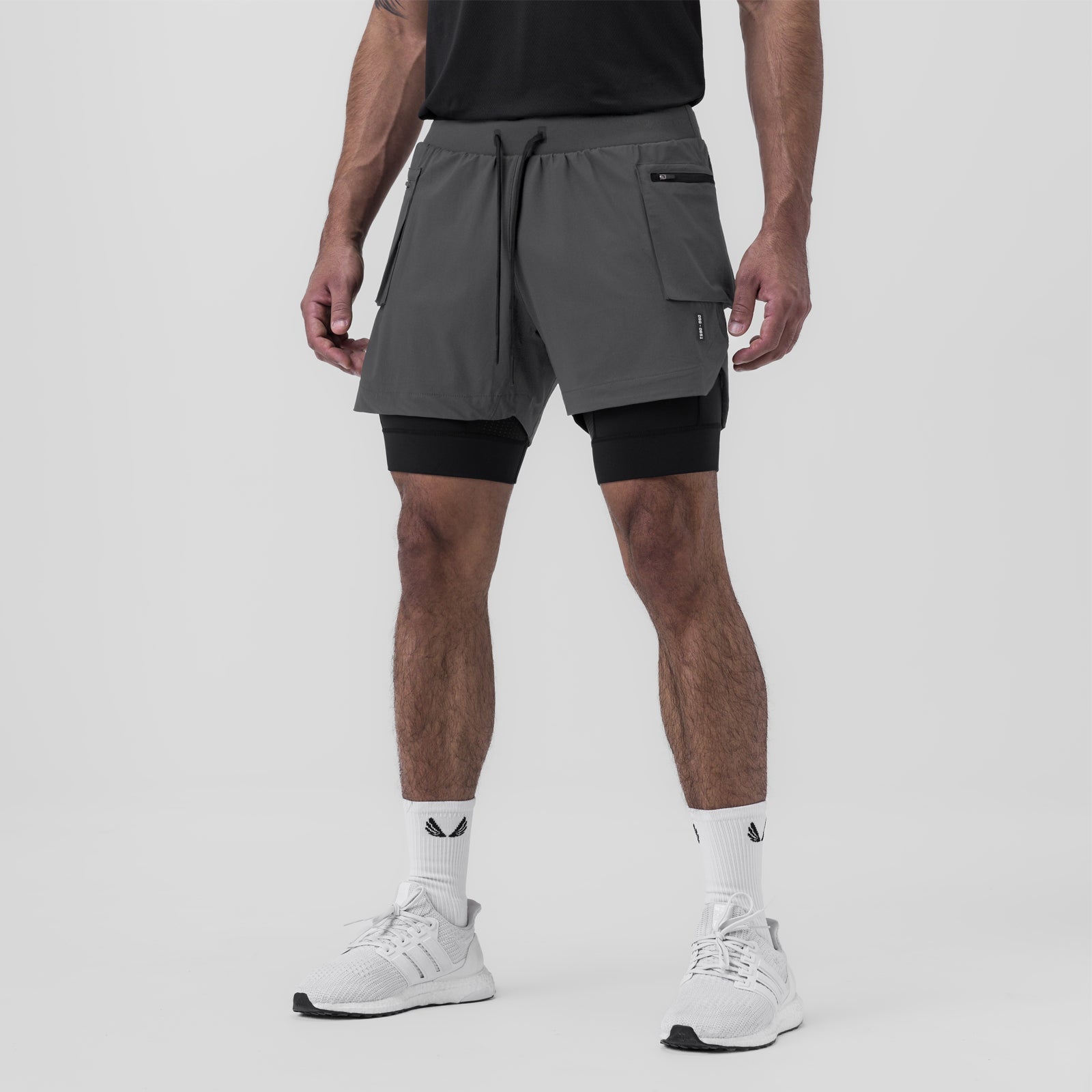 Tetra-Lite Liner Cargo Short in Space Grey worn by model, front view