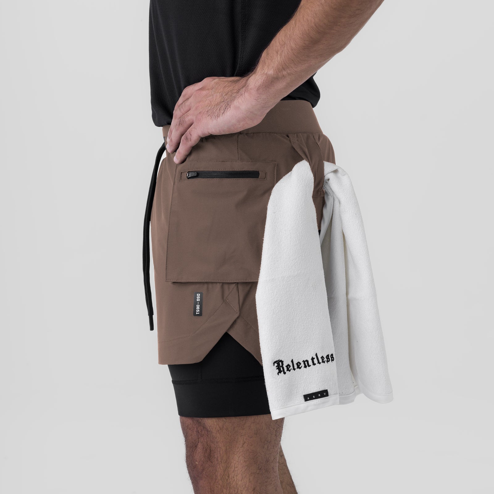 Tetra-Lite Liner Cargo Short in Deep Taupe, worn with white towel, side view