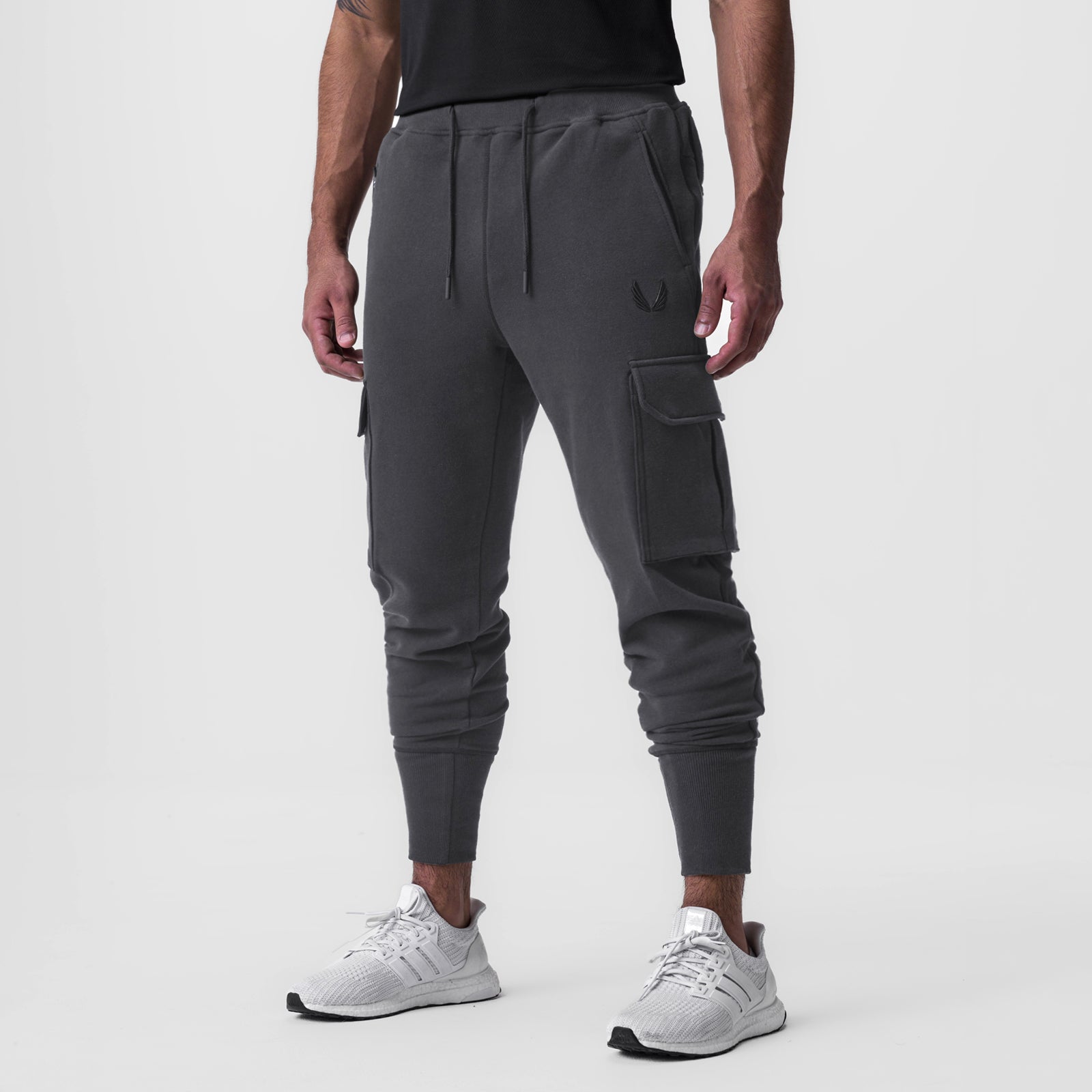 Tech-Terry Cargo High Rib Jogger in Dusk Black, worn by model, front view