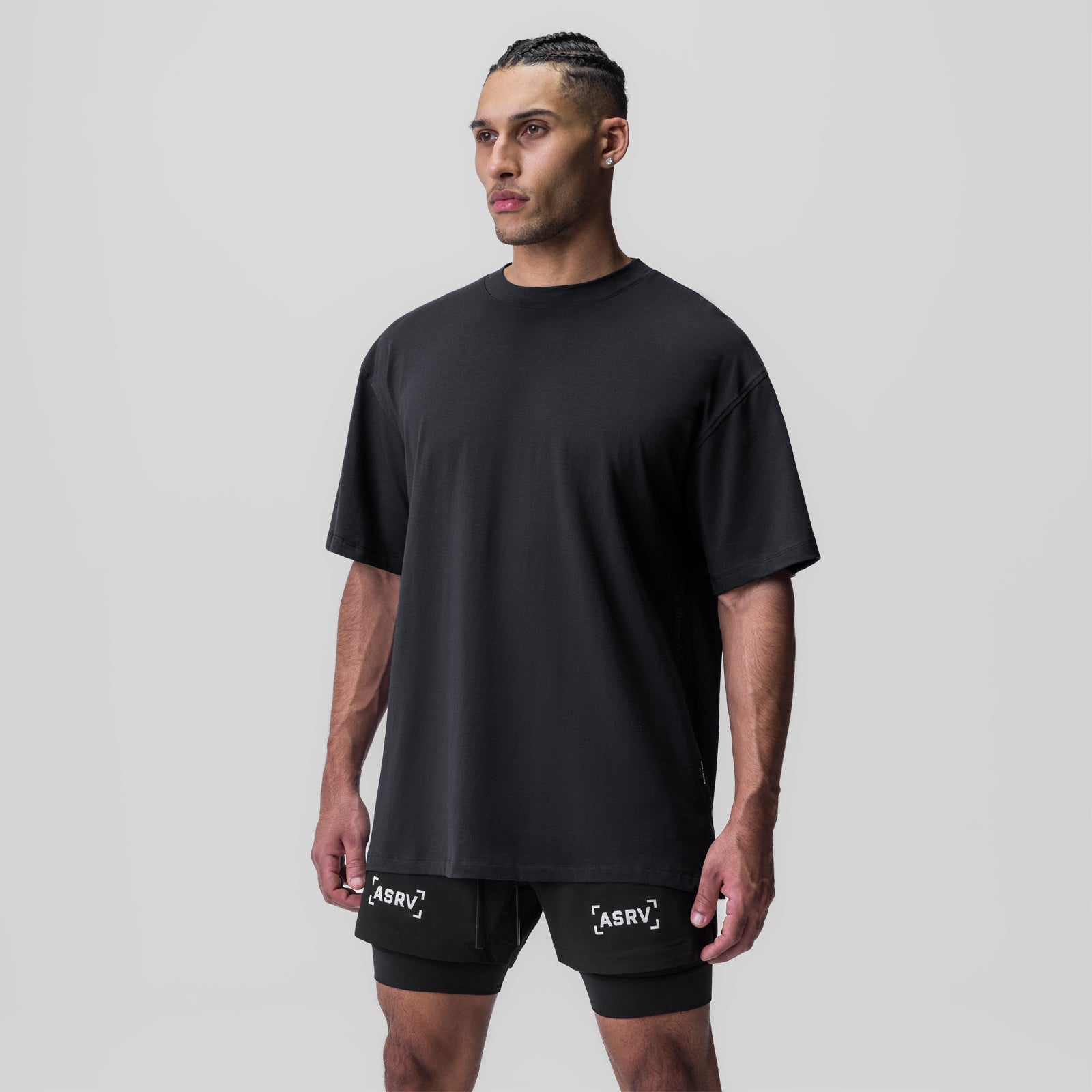 Black Supima® Oversized Tee worn by model, front view with ASRV shorts