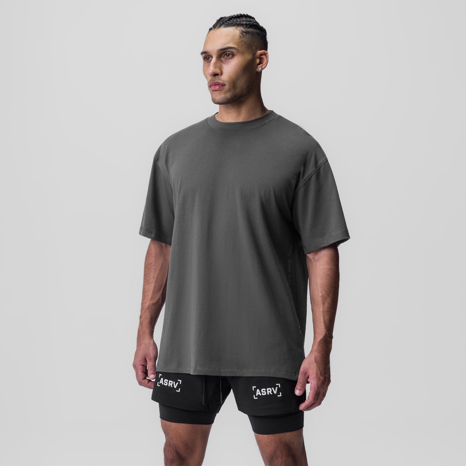 Supima® Oversized Tee in raven gray worn with black shorts, front view on model