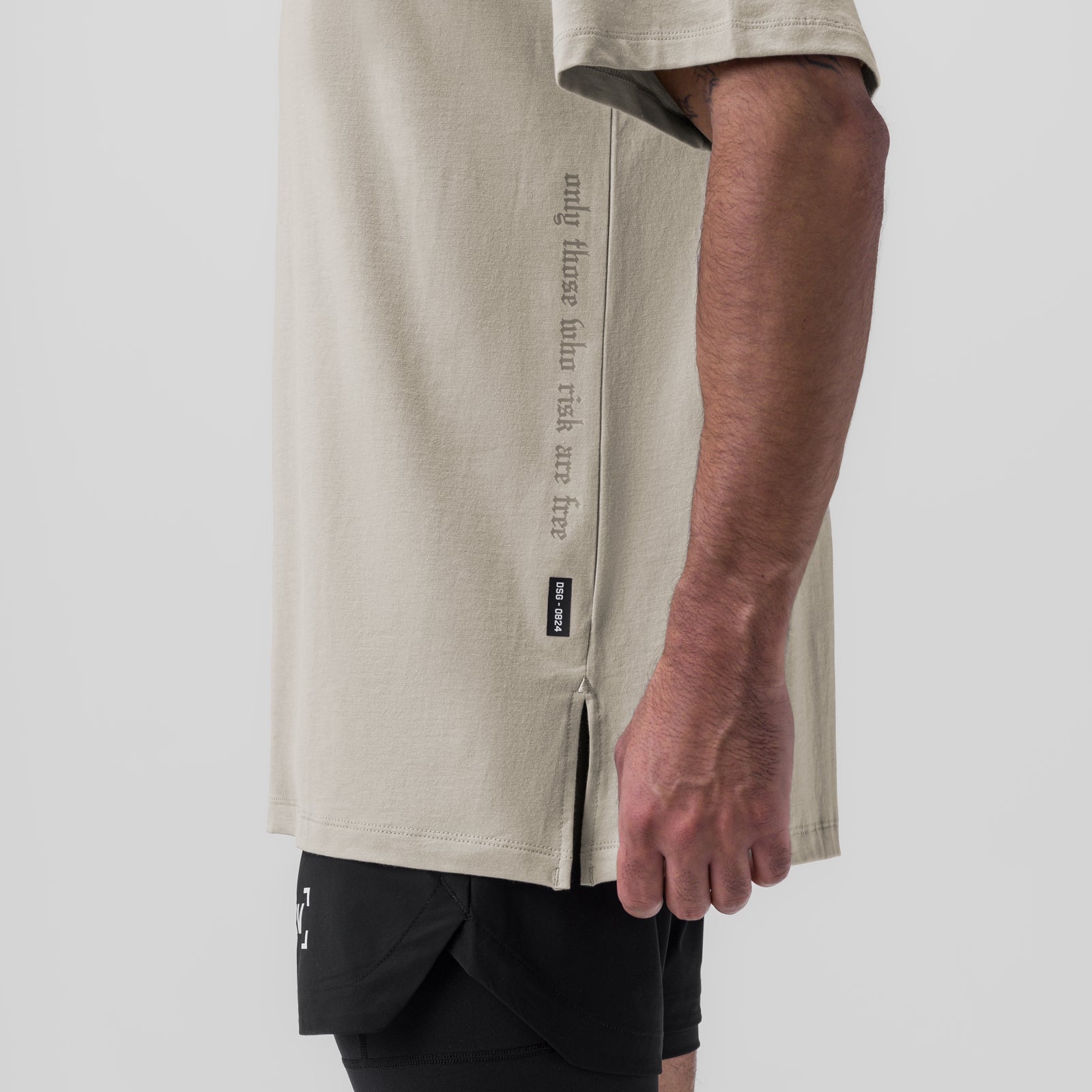 0824. Supima® Oversized Tee in Sand Smoke worn by model, side view