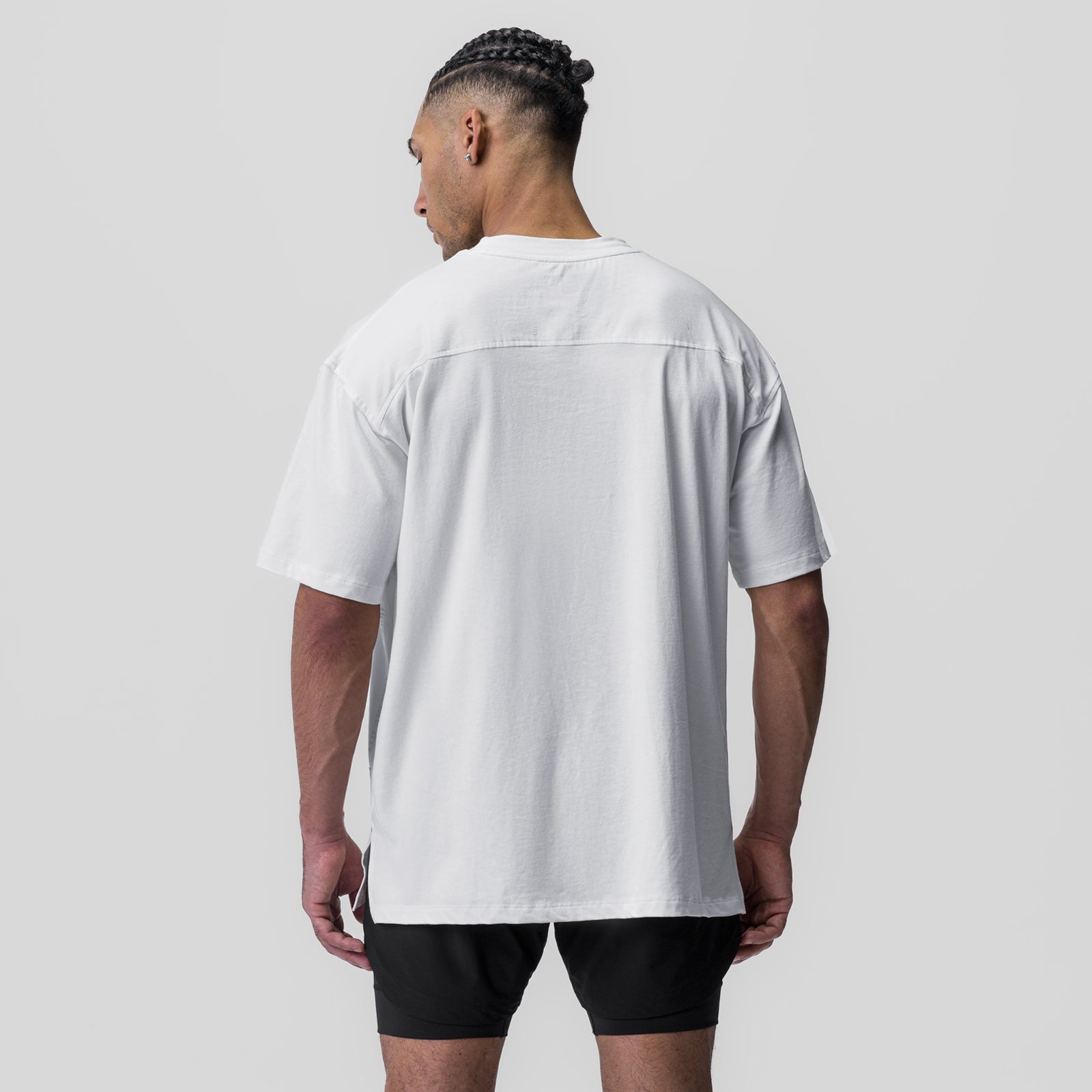 White Supima® Oversized Tee worn by model, back view