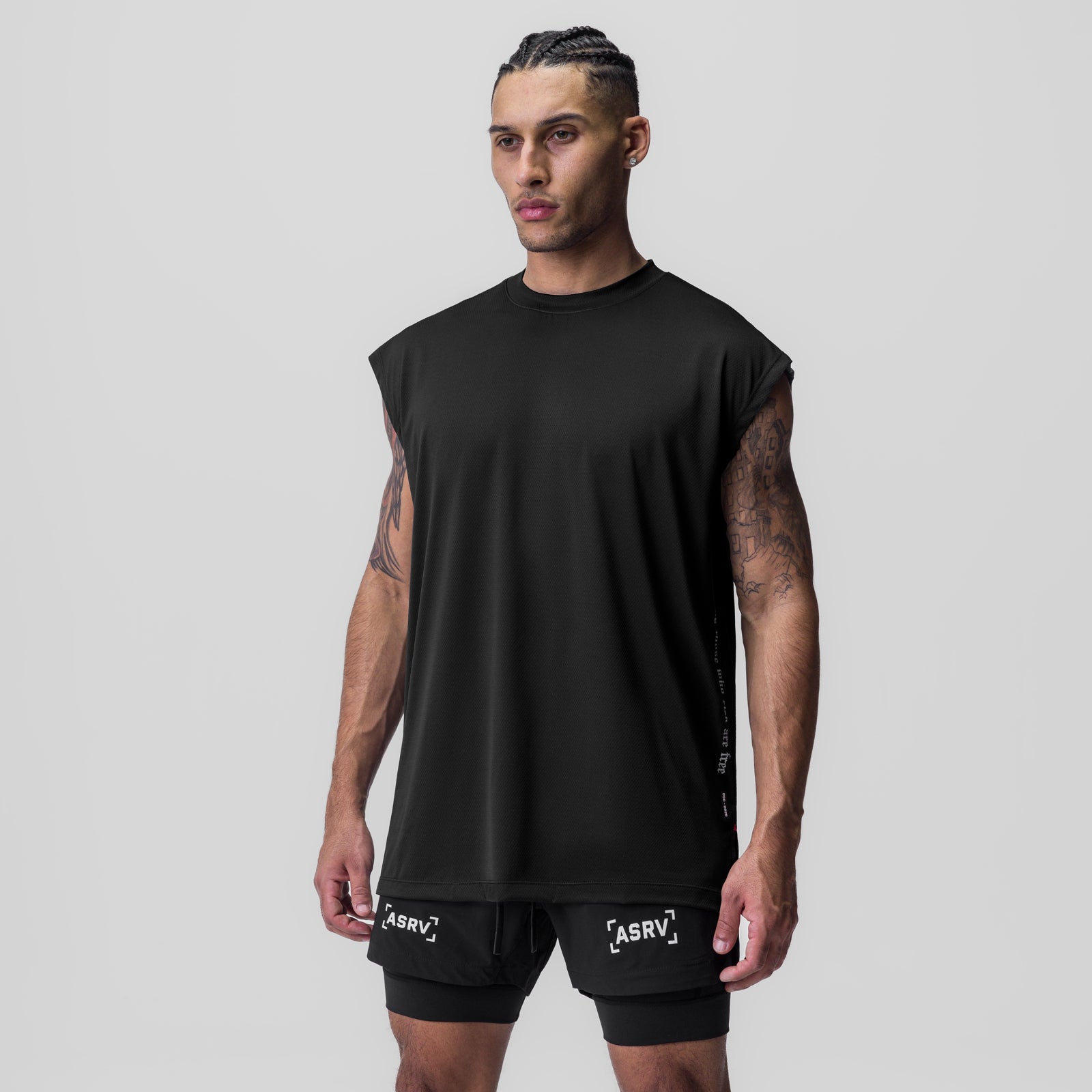 Black Silver-Lite 2.0 oversized cutoff tank top worn by model, front view