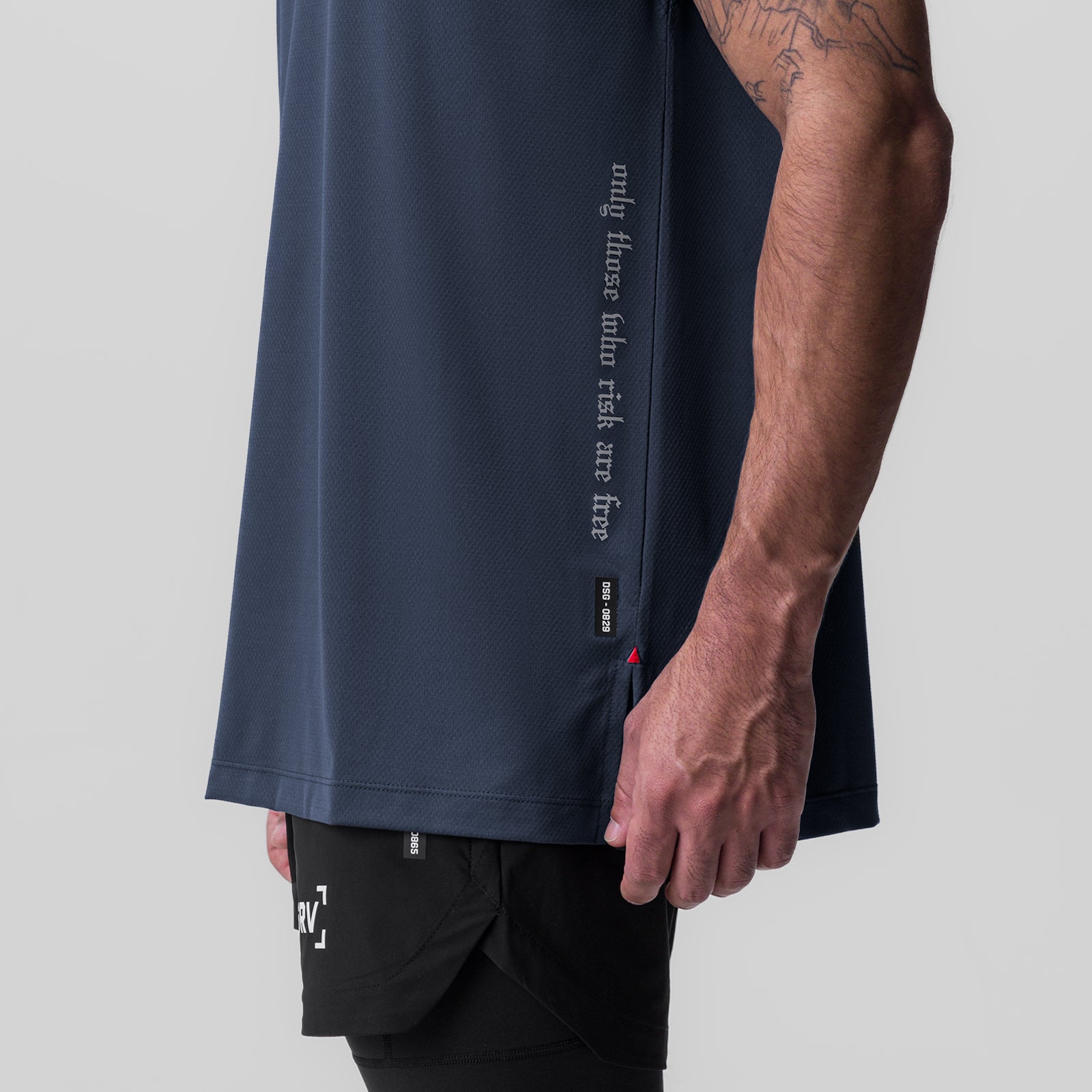Silver-Lite™ 2.0 Oversized Cutoff in navy, worn by model showing side view and text detail