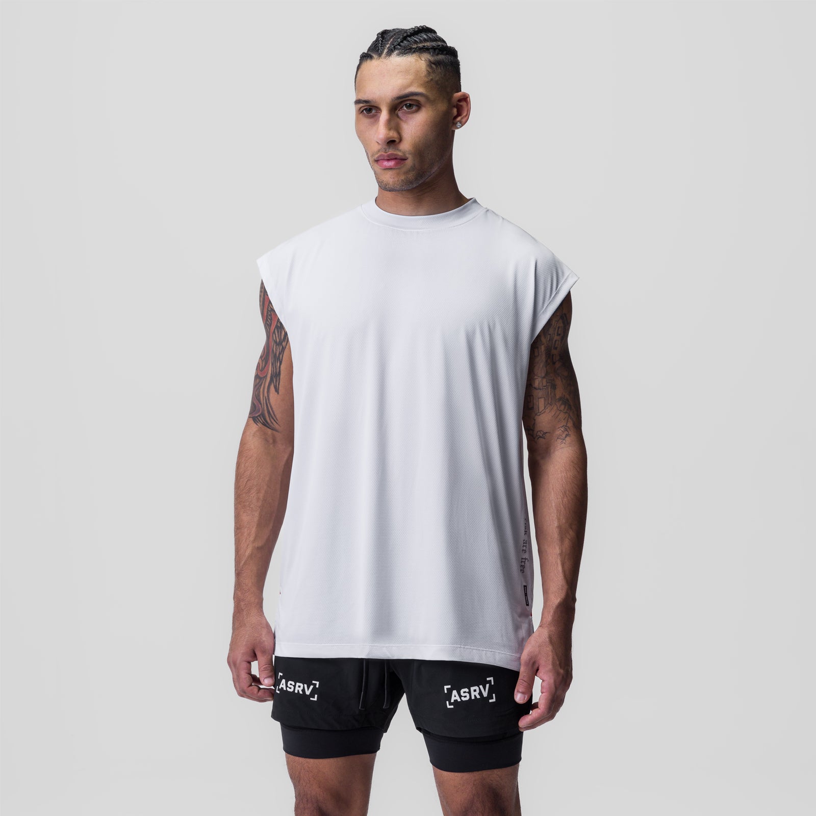 White Silver-Lite 2.0 Oversized Cutoff sleeveless tank on male model, front view