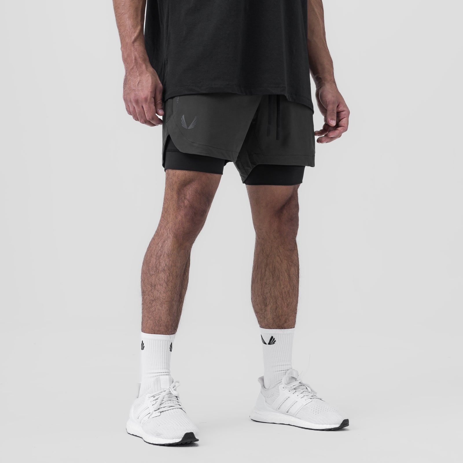 Tetra-Lite 5" Liner Short in space grey and black, worn by model, front view