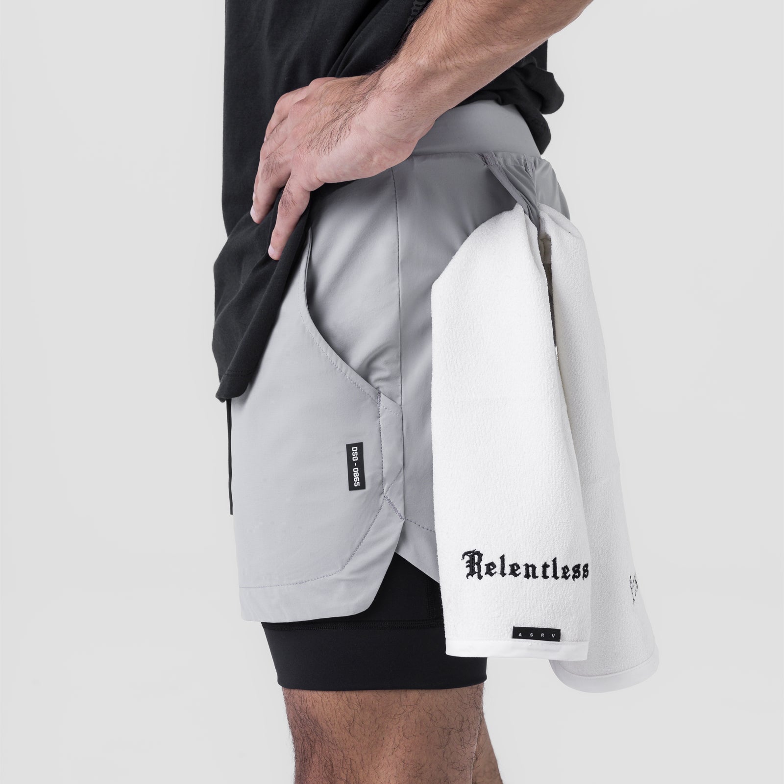 Tetra-Lite 5" Liner Short in slate grey and black, side view on model