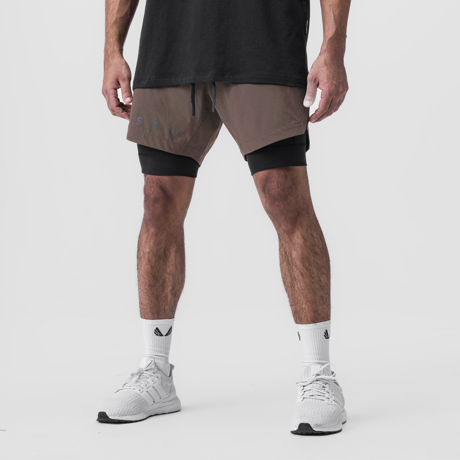 Tetra-Lite 7" Liner Short in Deep Taupe and Black, front view on model