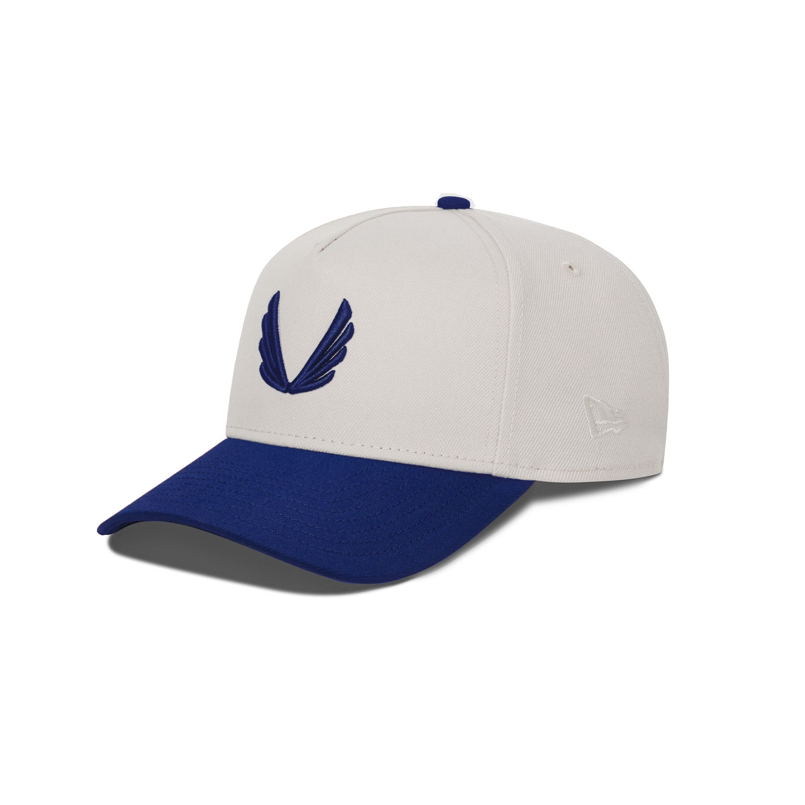 flatlay New Era 9Forty A-Frame Hat in stone and deep blue, front view