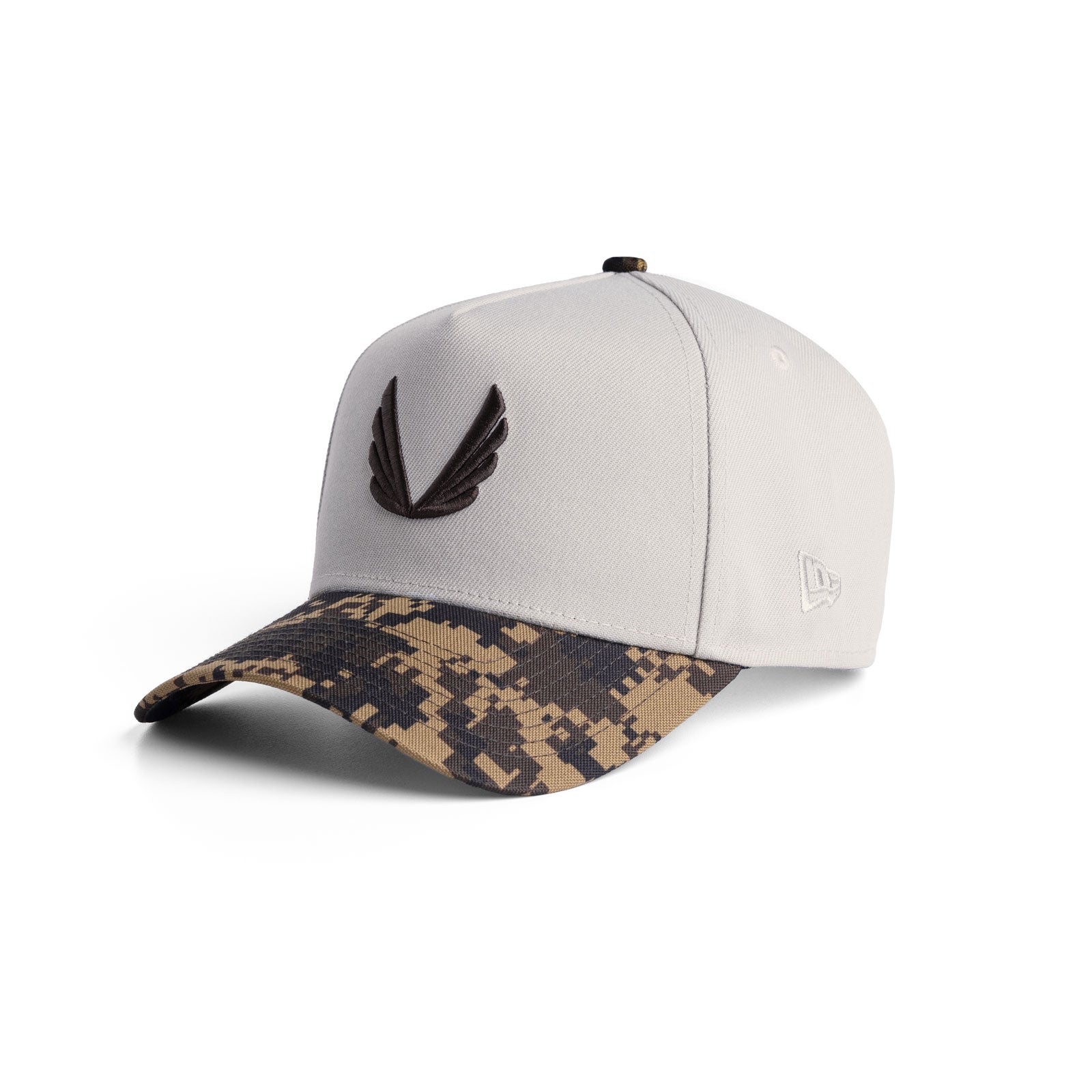 flatlay New Era 9Forty A-Frame Hat in stone and brown digital camo, angled view