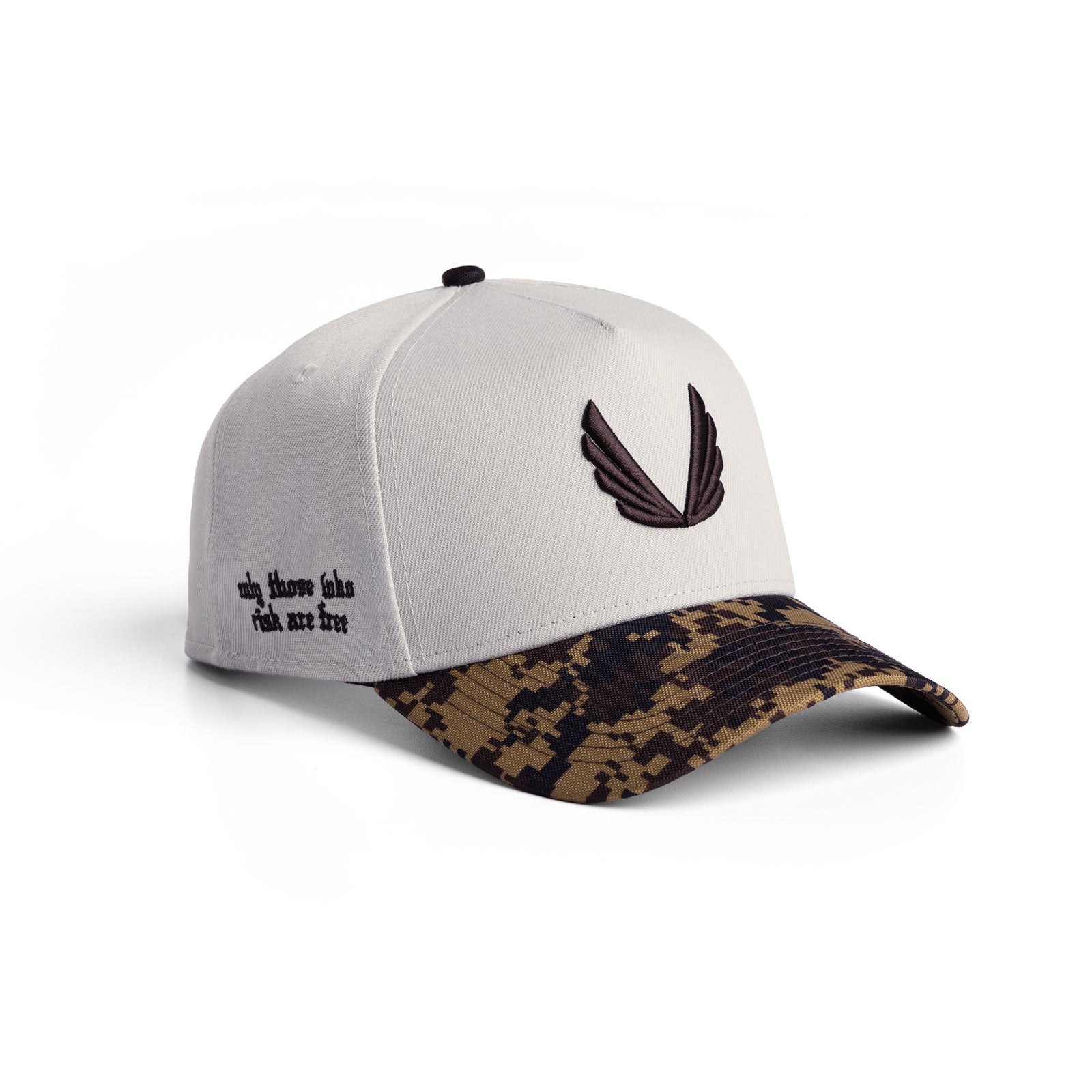 flatlay New Era 9Forty A-Frame hat in stone and brown digital camo, front view
