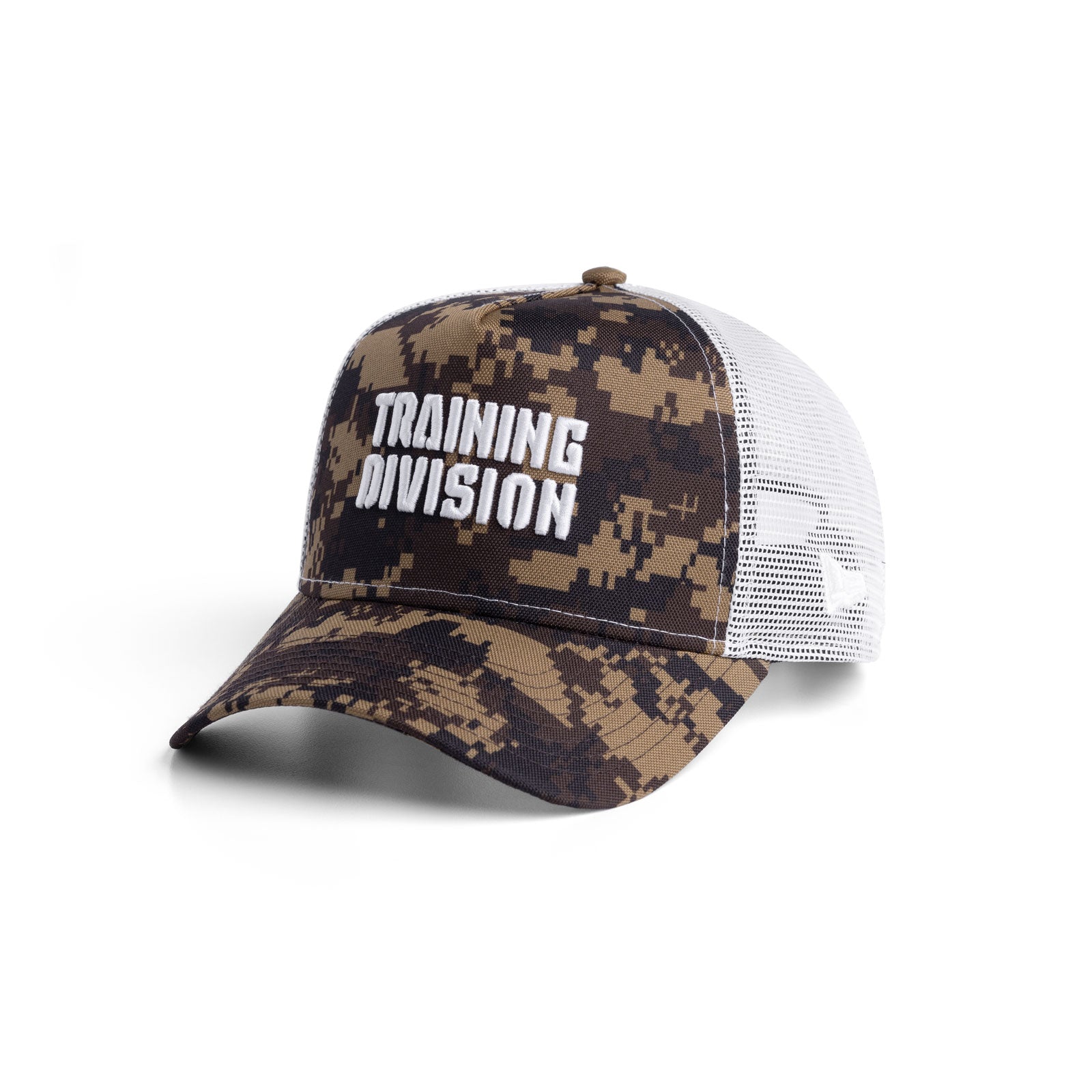 New Era 9Forty A-Frame Trucker Hat in brown digital camo with white mesh back, angled view