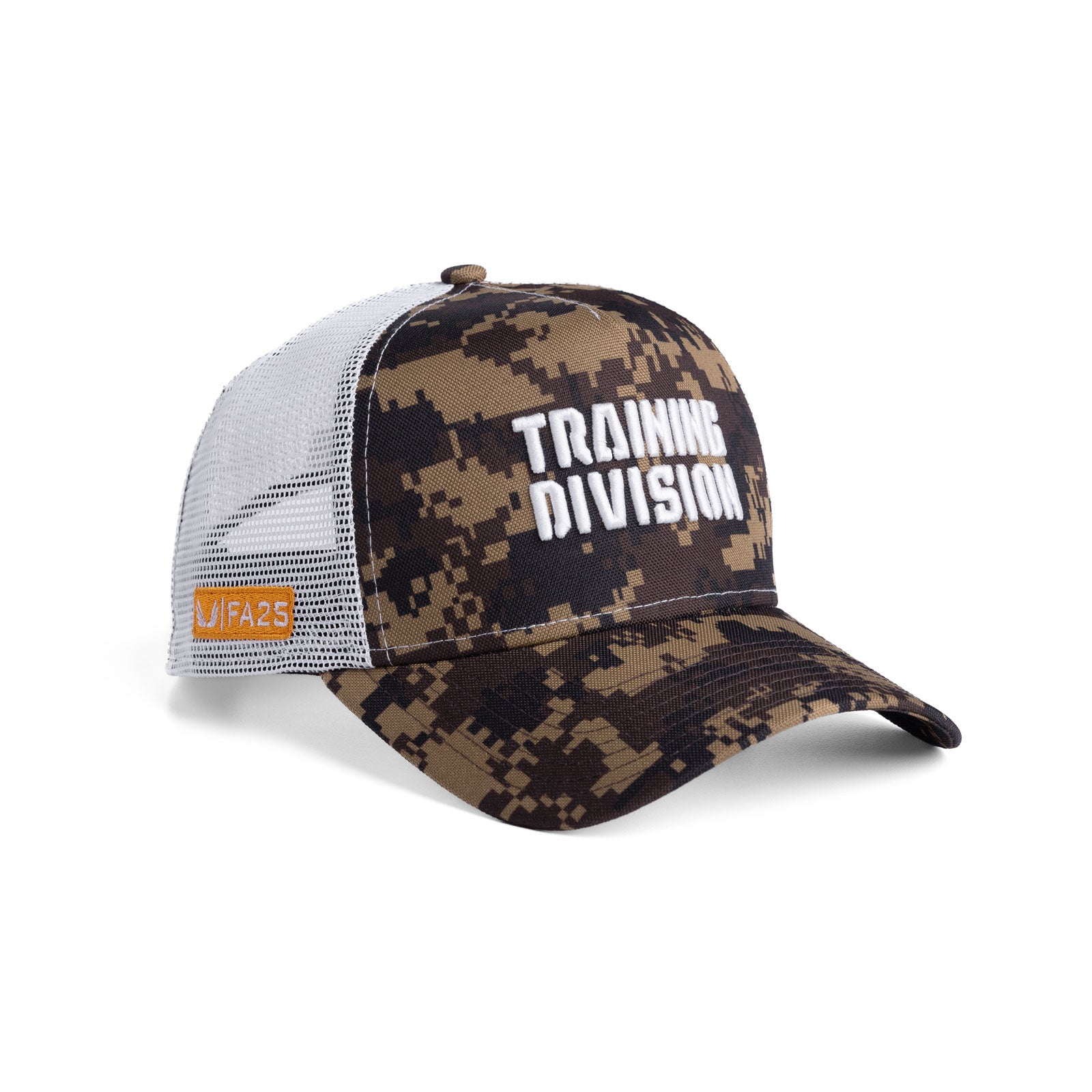 New Era 9Forty Trucker Hat in brown digital camo with white mesh back, front view