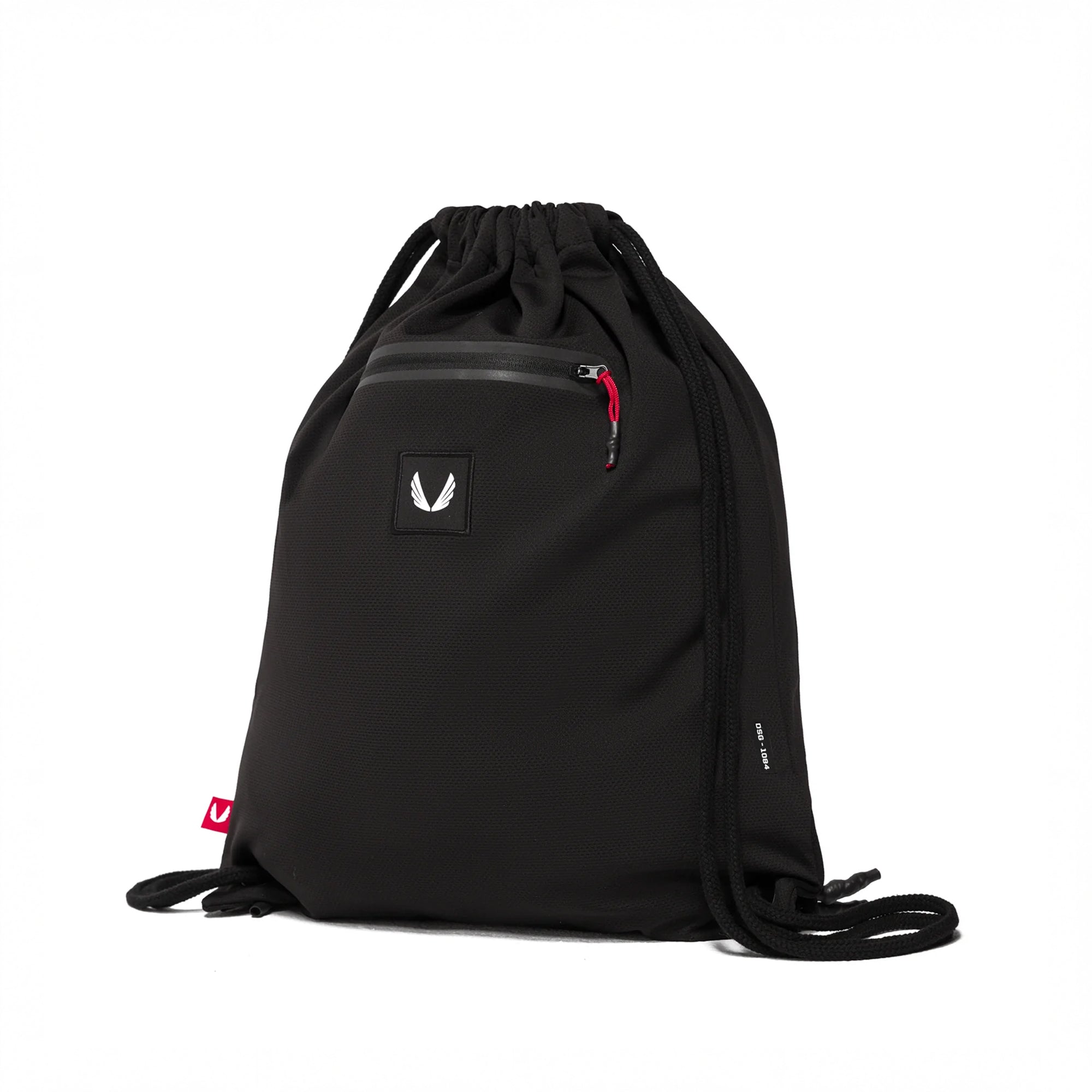 flatlay Antibacterial Mesh Drawstring Bag in black, front view